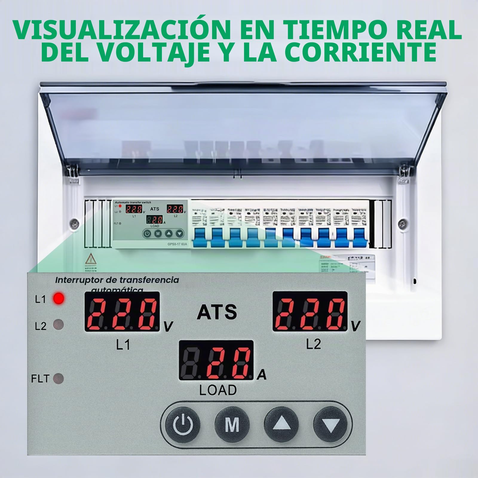 Jadeshay Interruptor de Transferencia Automática, 2P 63A 220V ATS Conmutador Automático Doble Fuente LCD Digital de Voltaje Corriente con Protección contra Sobretensión Subtensión para Fotovoltaico