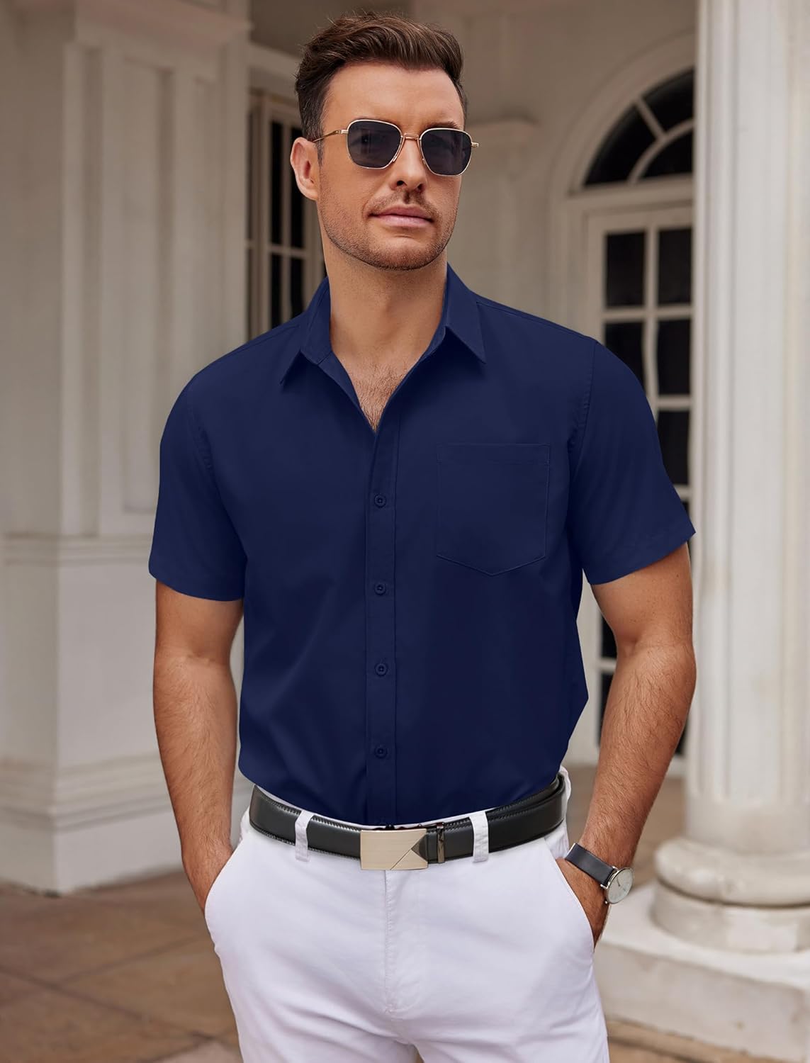 COOFANDY Mens Wrinkle Free Dress Shirt Short Sleeve Button Down Print Shirt Summer Business Casual Shirts with Pocket - Image 3