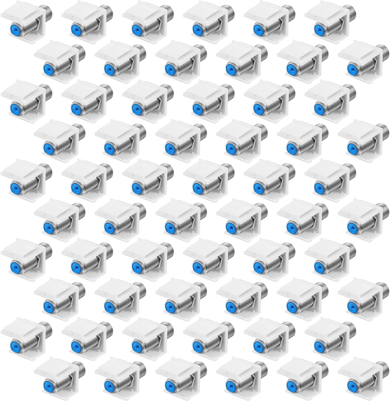 Weewooday 60 Pcs F-Type RG6 Coaxial Cable Connectors, Trapezoidal Keystone Jack Inserts - Blue Inner Core Female to Female Connector, Screw-Type Audio Speaker Trapezoid for Wall Plate (Silver)