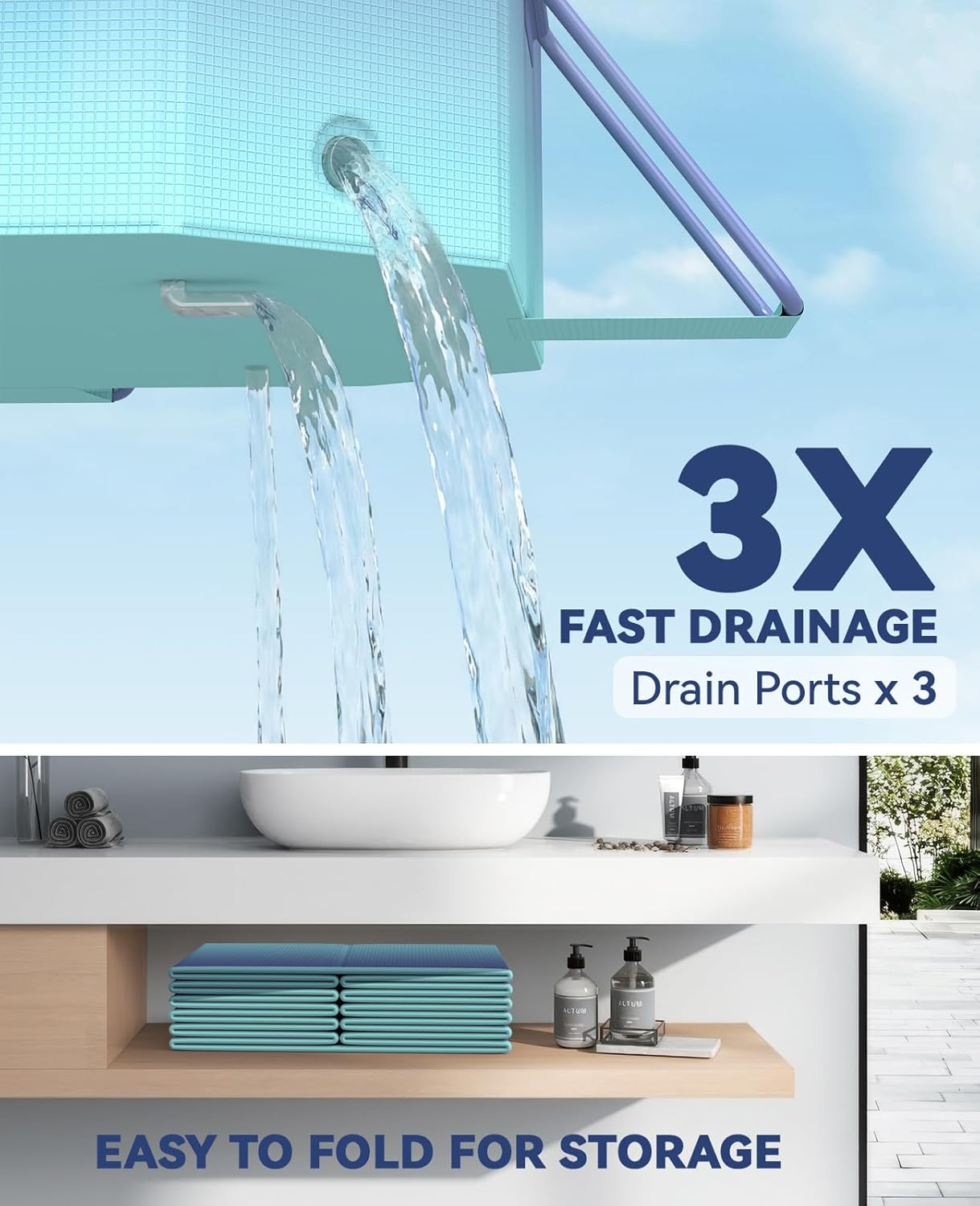 HeySplash Foldable Pool, Non-Inflatable Swimming Pool with Rigid Puncture-Proof Hard Composite Board, Kiddie Pool Outdoor Pool, Adults & Kids Pool for Backyard Garden Dog Pool 114"×70"×19", Ice Blue