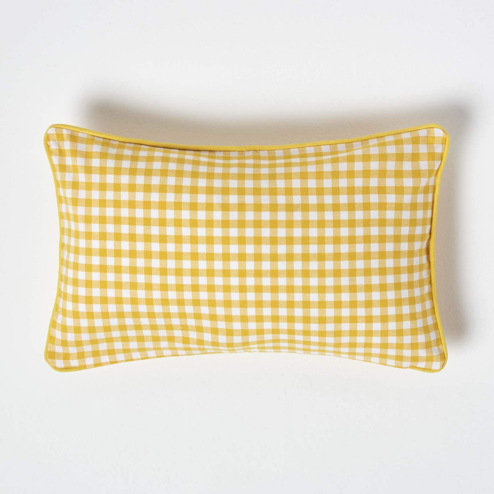 HOMESCAPES - 100% Cotton - Gingham Check - Cushion Cover - 30 x 50 cm Rectangular - 12 x 20 Inches - Yellow White - 100% Cotton Sofa Pillow Cushion Cover - Washable