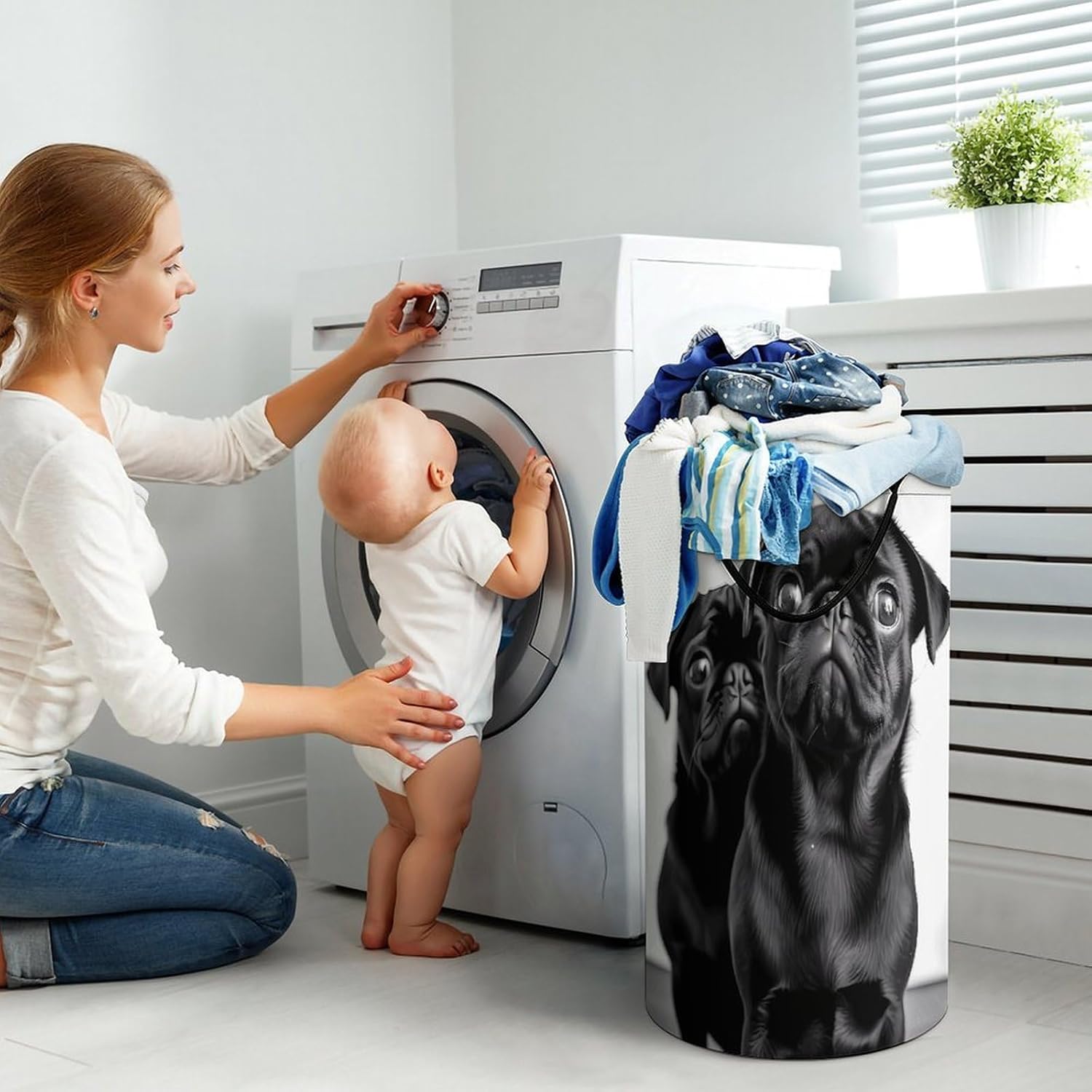 Cute Black Pug Dog Laundry Hamper with Handles Waterproof Collapsible Laundry Basket Large Lightweight Round Dirty Clothes Hamper for Home Dorm Bathroom Decor