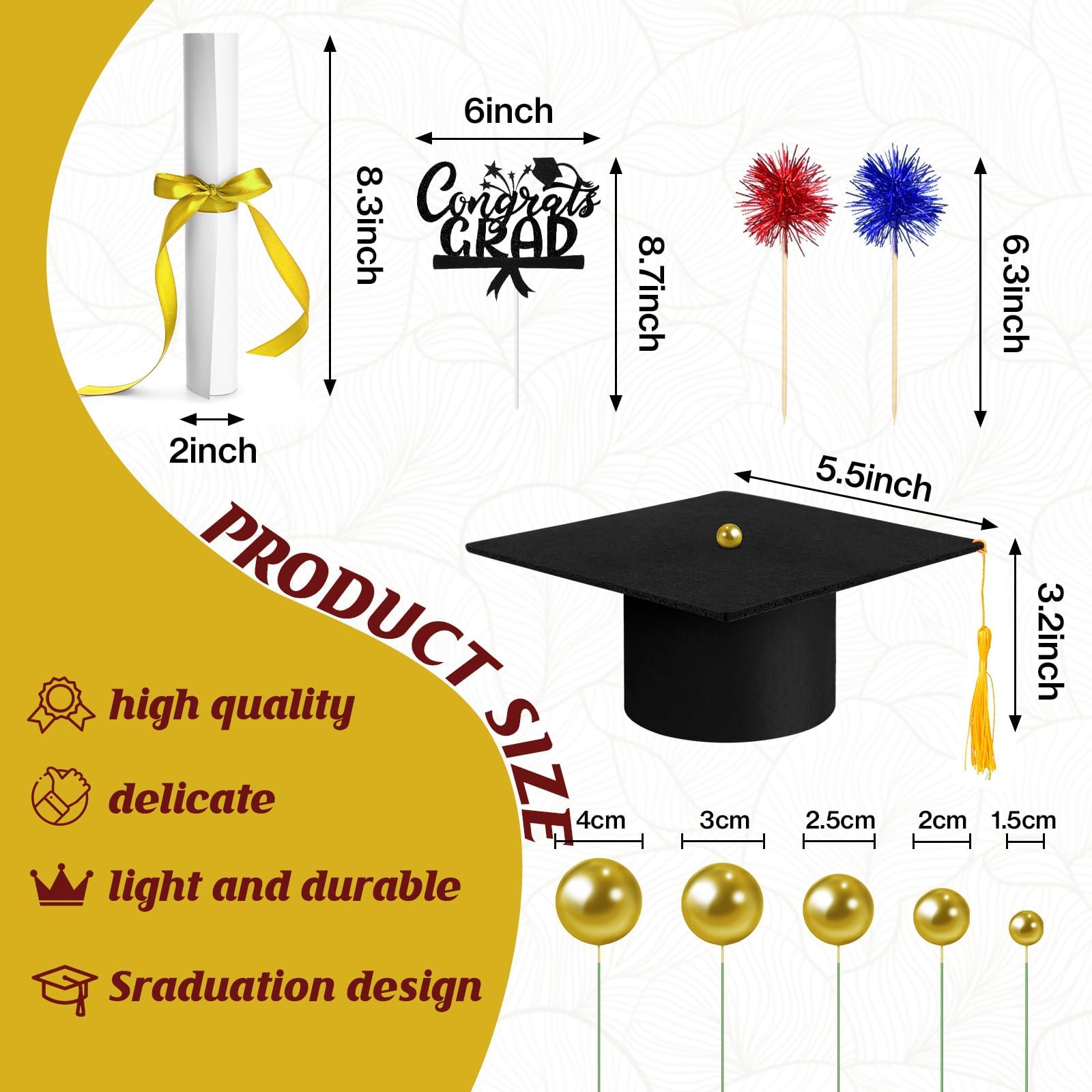 32PCS Graduation Cake Decorations Kit for Class of 2025 Felt Tassel Cap, Firework Cupcake Toppers, Diploma, Balls, Black Theme Graduation Party Supplies for Grads(Black)
