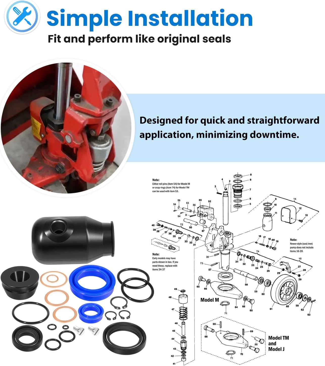 200064-901 Seal kit for Multiton Manual Pallet Jacks Model TM, M, and J Series, Hydraulic Seal Replacement Set Replace Part # MU-200064-901