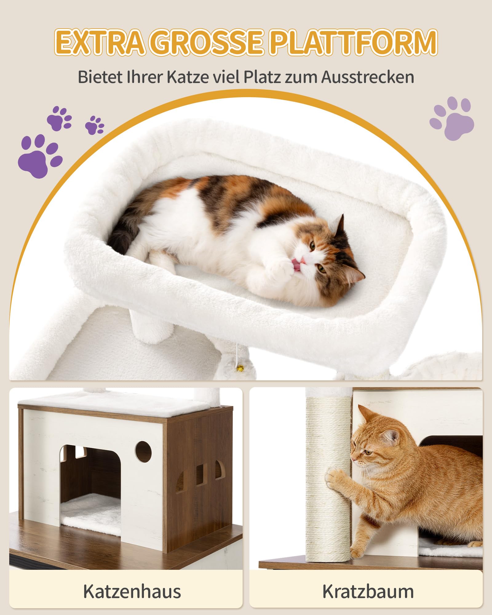 Hzuaneri Katzenbaum mit Katzenschrank, 145 cm Hoch, Braun-Weiß | Kratzbaum, Zwei Große Plattformen, Sisalsäule, Katzenkorb, Katzenhaus, Waschbares Kissen, Plüschbälle, CB89214WT