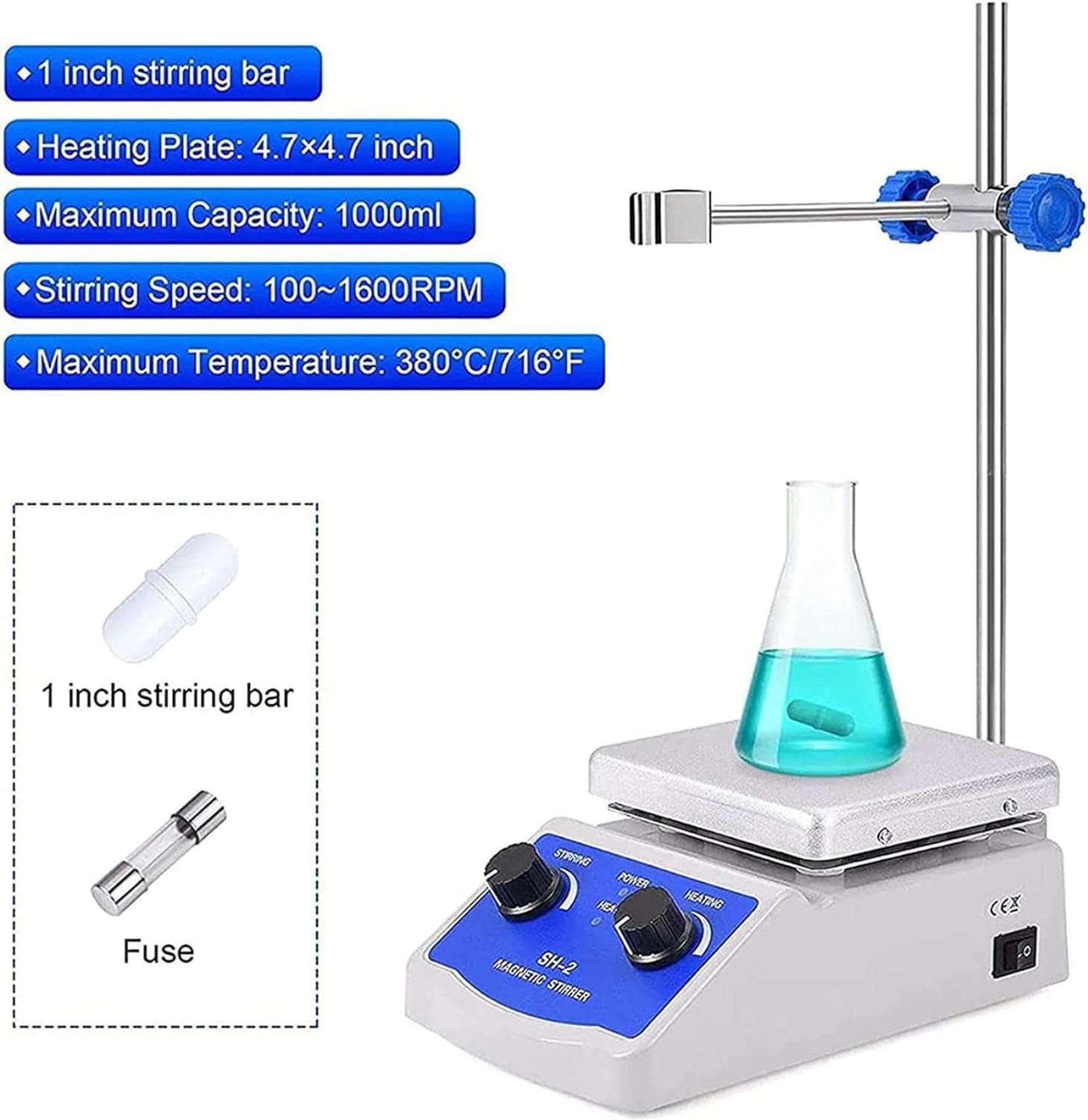 Potente agitador magnético de Laboratorio, Placa Caliente con agitador magnético con calefacción, Potencia de Calentamiento de 180 W 0-1600 RPM con Soporte para Laboratorio, Aula