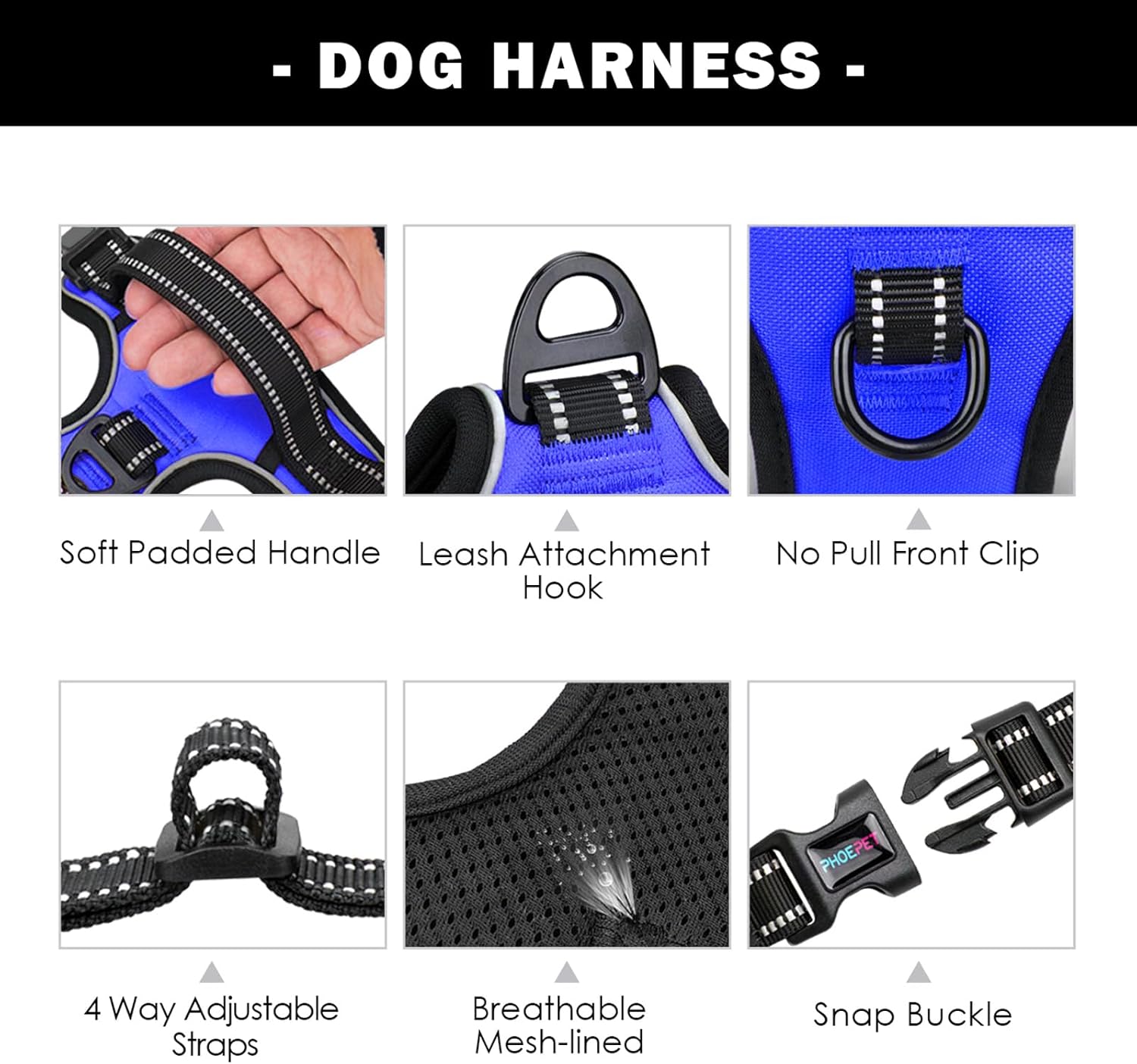 PHOEPET No Pull Dog Harness Medium Reflective Front Clip Vest with Handle,Adjustable 2 Metal Rings 3 Buckles,[Easy to Put on & Take Off](M, Royal Blue)