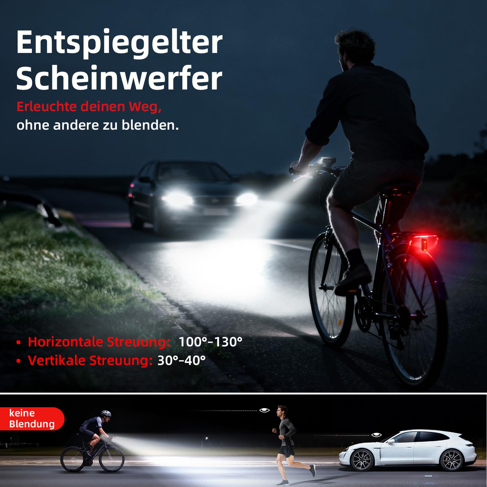 Fahrradlicht Set StVZO zugelassen, 100 Lux Frontlicht mit Auto-Modus, Rücklicht mit Bremslicht blinkend, USB-C aufladbar, Akkuanzeige, IPX4 spritzwassergeschützt, einfache Montage
