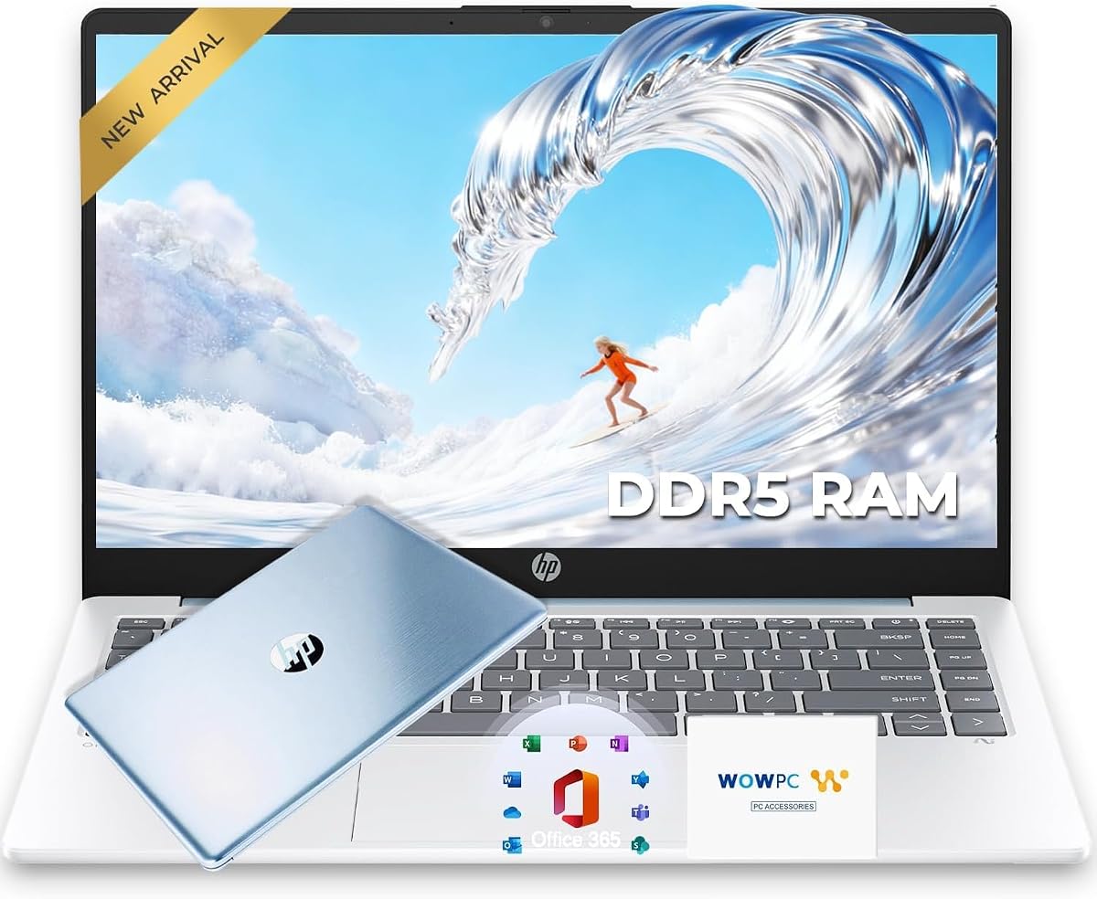 Laptop HP Everyday con Copilot AI • Edición 2026 • Procesador AMD de alto rendimiento • SSD de 128 GB • Microsoft Office 365 incluido • Delgada y portátil • Batería de 12 horas • Windows 11 | sin ratón