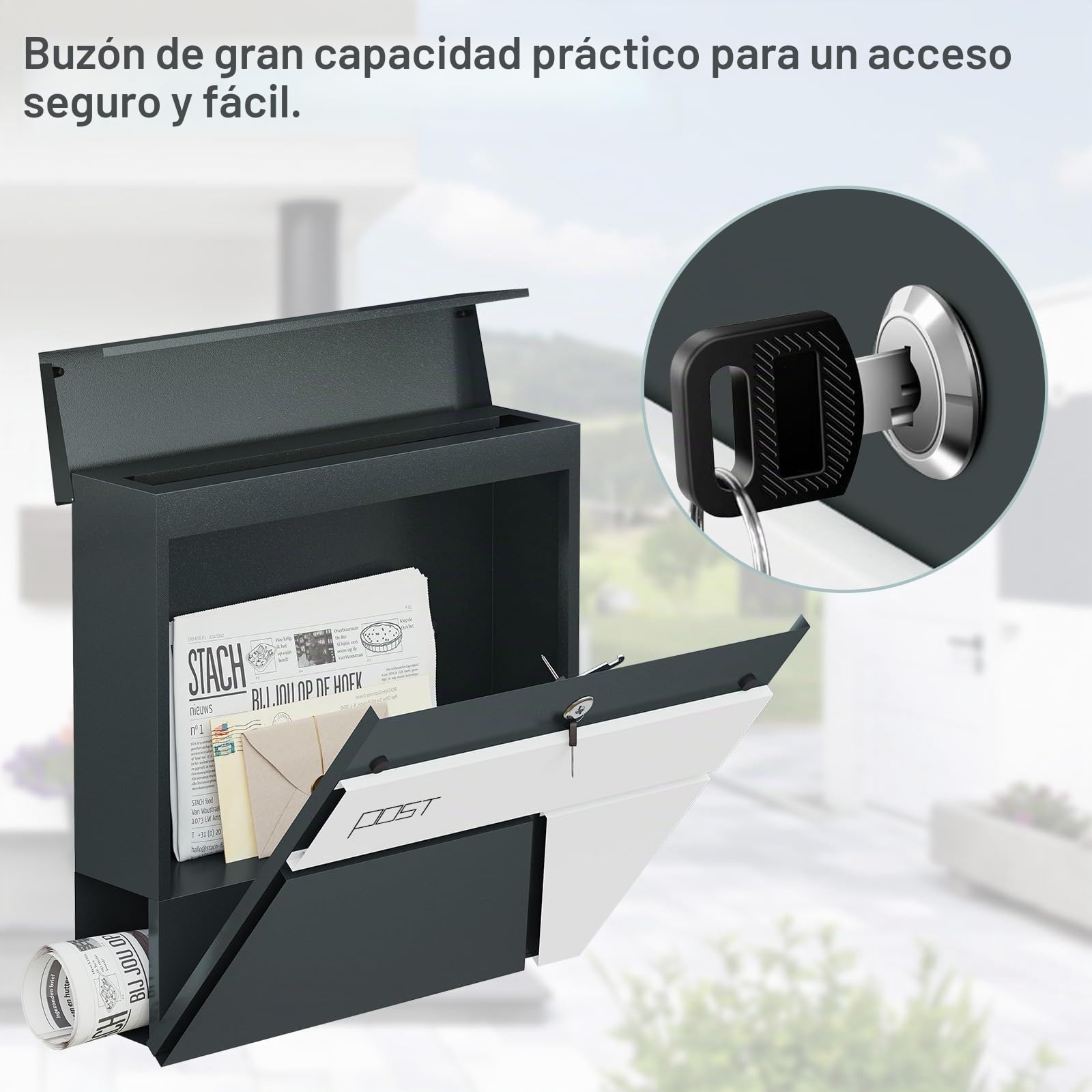 WOLTU Buzón de Correos, Buzon de Pared Moderno, Buzón Exterior de Aleación, Buzón Correo con 2 Llaves, Tapa Abatible y Zona para Periodicos, Antracita y Blanco, 37x10,5x37 cm,