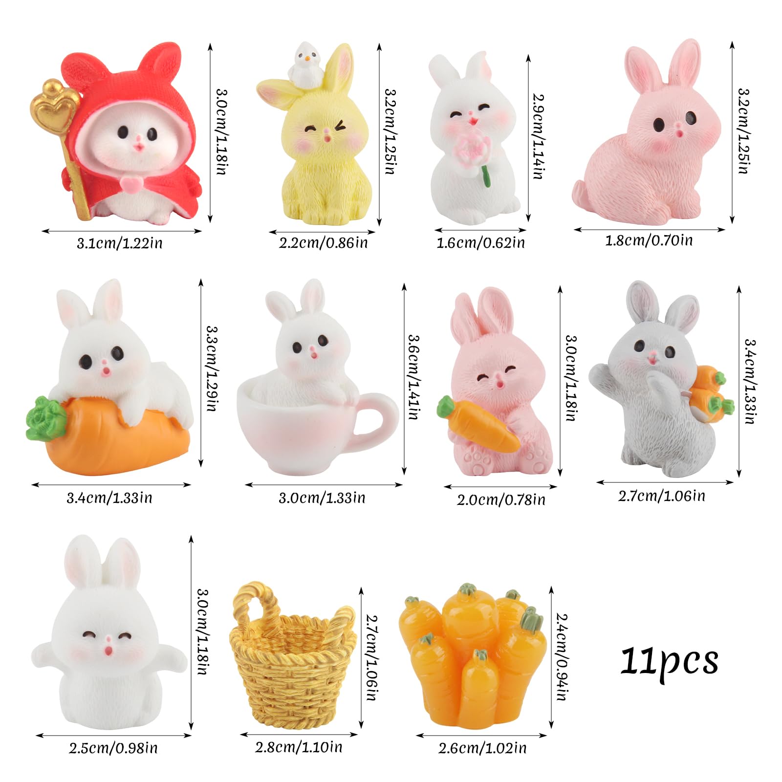 YUE QIN 11 sztuk miniaturowych figurek z żywicy, króliki, ornamenty, dekoracja wielkanocna, małe zajączki, marchewki, dekoracja wielkanocna, na Wielkanoc, miniaturowe figurki ogrodowe, dekoracja do