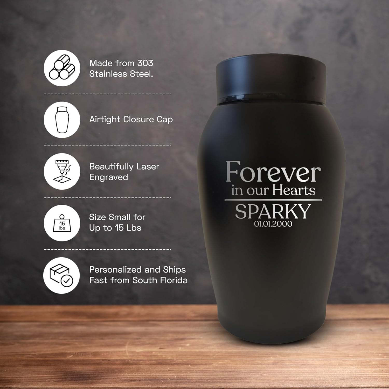 Personalized Custom Small Keepsake Urn Engraved with Pet Name, Date, and Dog Design - 5.2" Black Powder Coated Steel Cremation Urn for Dogs Ashes | 12-16 lb Capacity, Forever in Our Hearts
