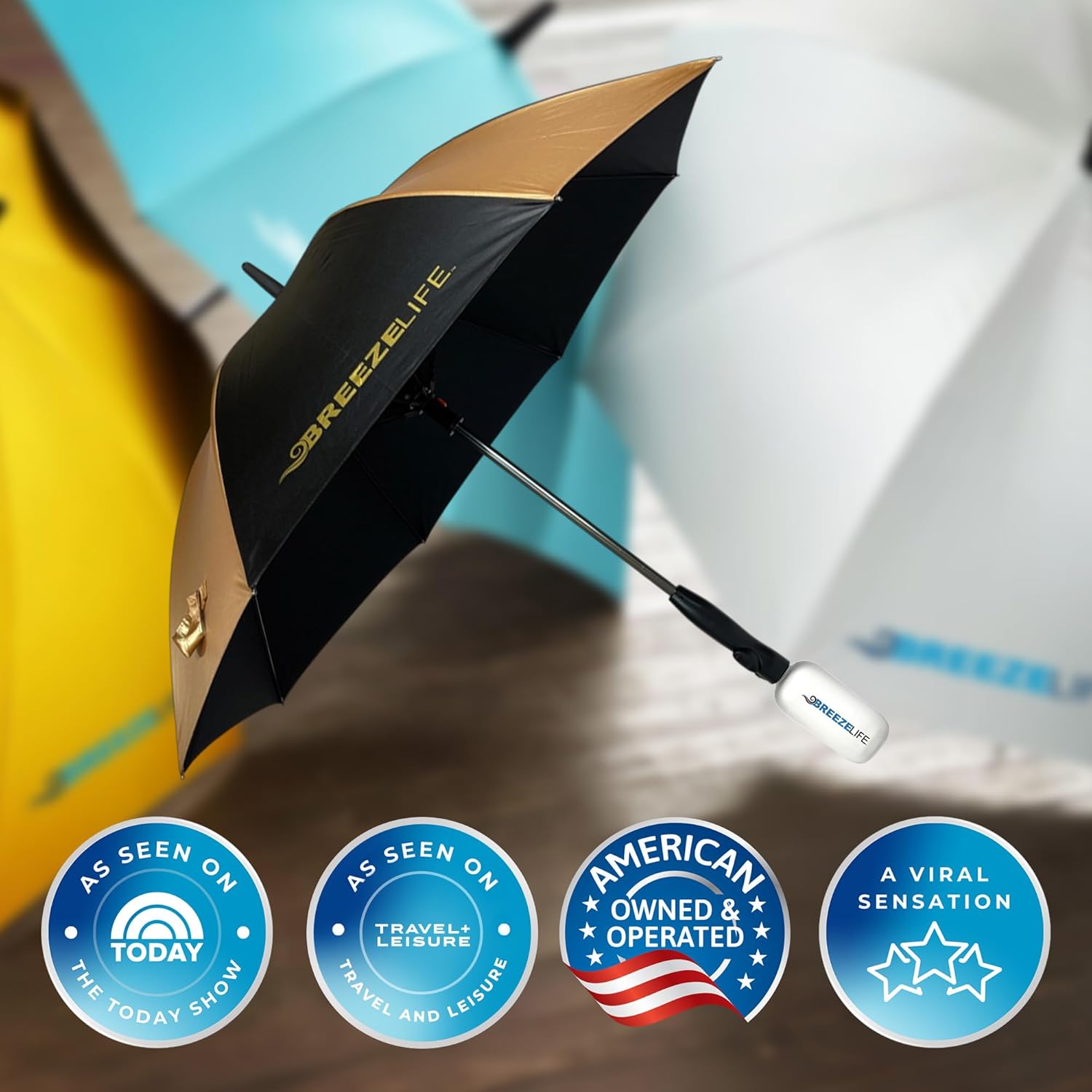 Breeze Life Original Mister Breeze (Black & Gold Design) – Sun Umbrella with Fan and Mist Spray – Portable Fan Umbrella with Mister, 41" UV Shade, 3–4 Hr Runtime – Ideal for Festivals, Beach & Sports