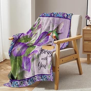 Hummingbird Morning Glory Floral Blanket, Purple and Green Nature Design, Soft Flannel Throw with Decorative Border, Inspirational Quote Print 130X150cm