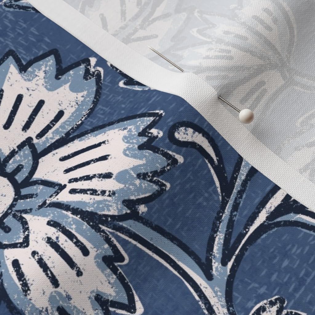 Spoonflower Fabric - Bohemian Faux Block Print Blue and White Floral Eclectic Boho Batik Printed on Petal Cotton Fabric by The Yard - Sewing Quilting Apparel Crafts Decor