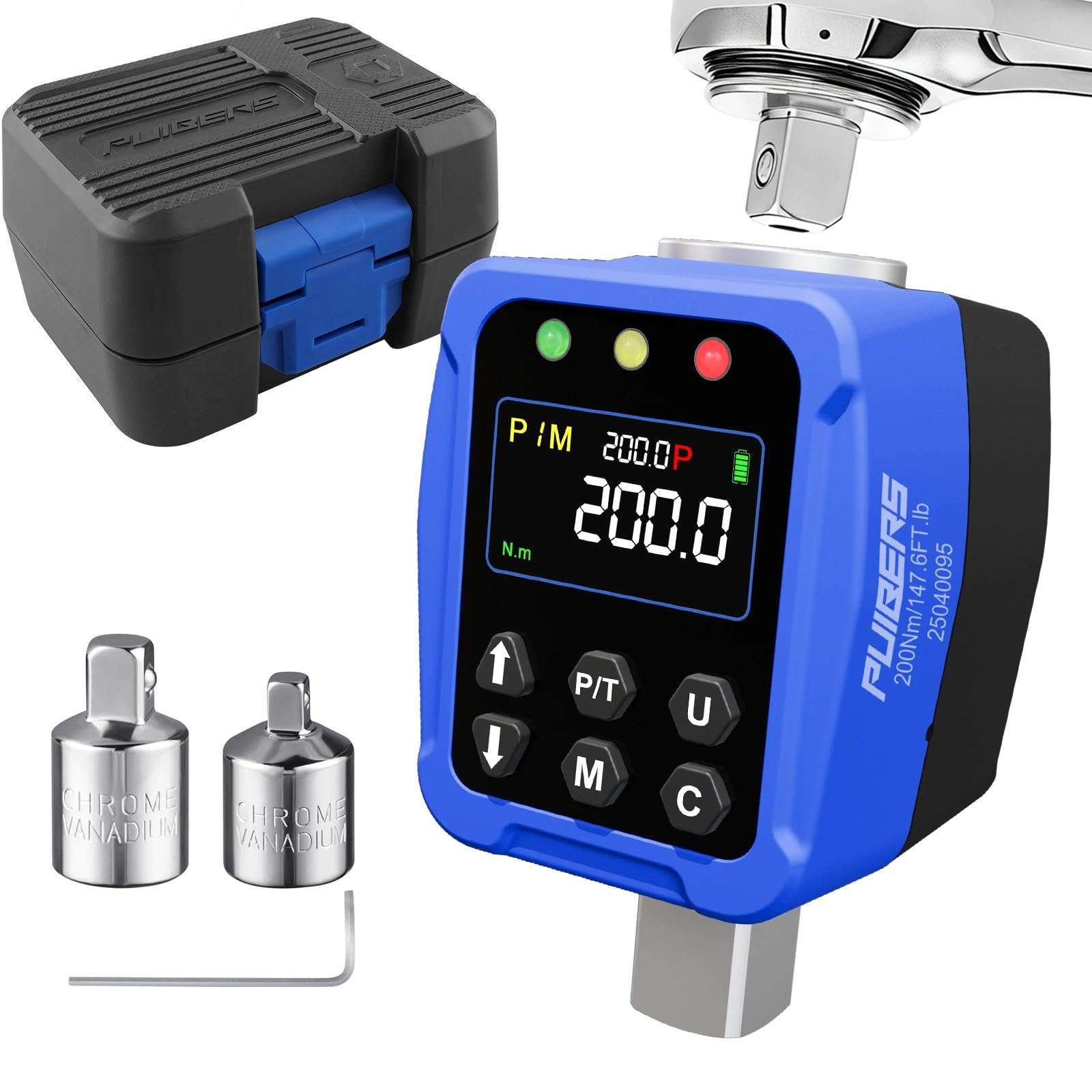 PUIBERS Digital Torque Adapter 1/2" (10-200 Nm) with 1/4" & 3/8" Adapters, Precision Torque Wrench Converter for Bike & Motorcycle, LCD Display & Buzzer