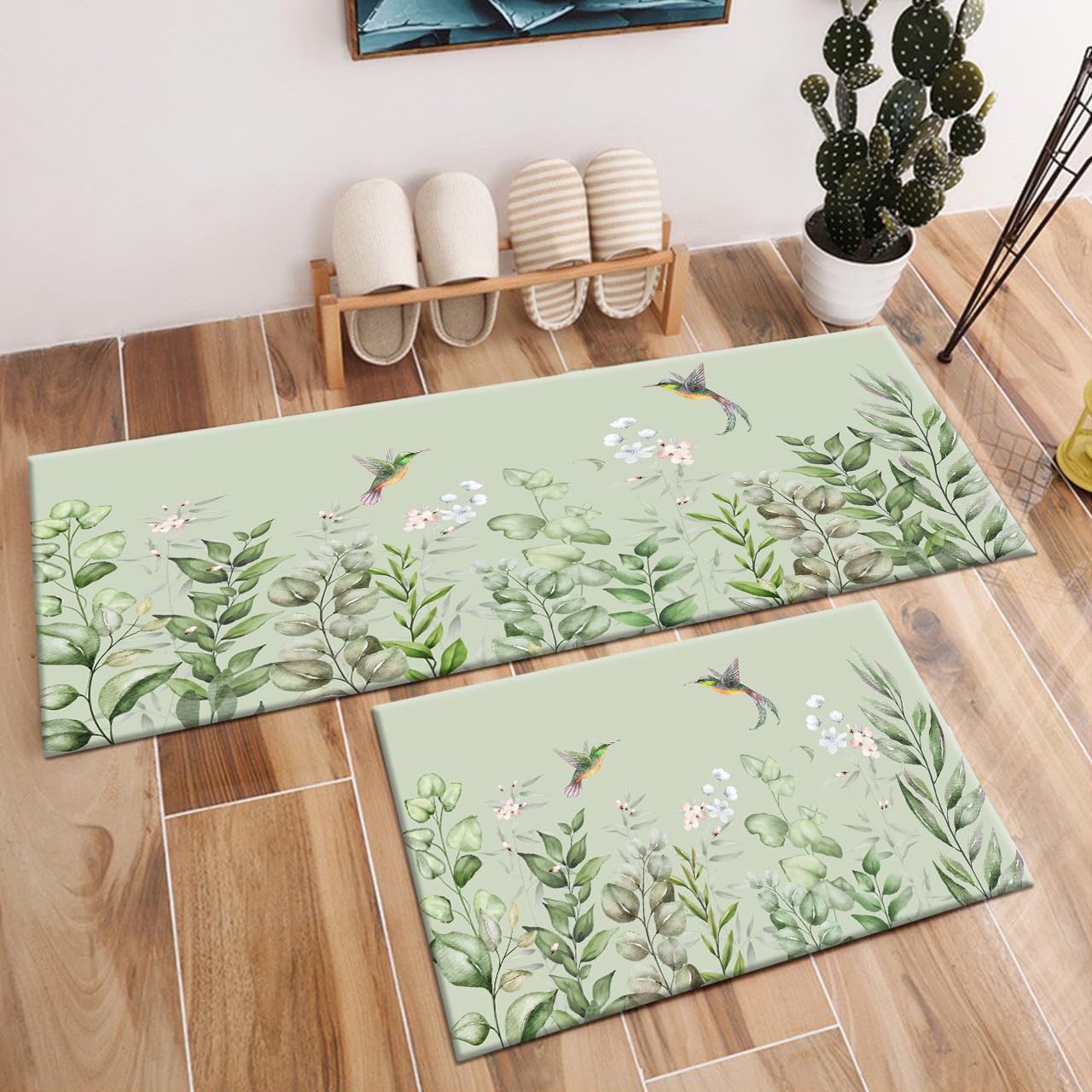 LB Eukalyptus-Küchenmatten für Bodenkissen, Anti-Ermüdung, Küchenmatte, Kolibri auf Salbeigrün, Küchenteppich-Set, rutschfest, waschbar, Küchen-Bodenmatte, 61 x 40,6 cm + 119,4 x 40,6 cm