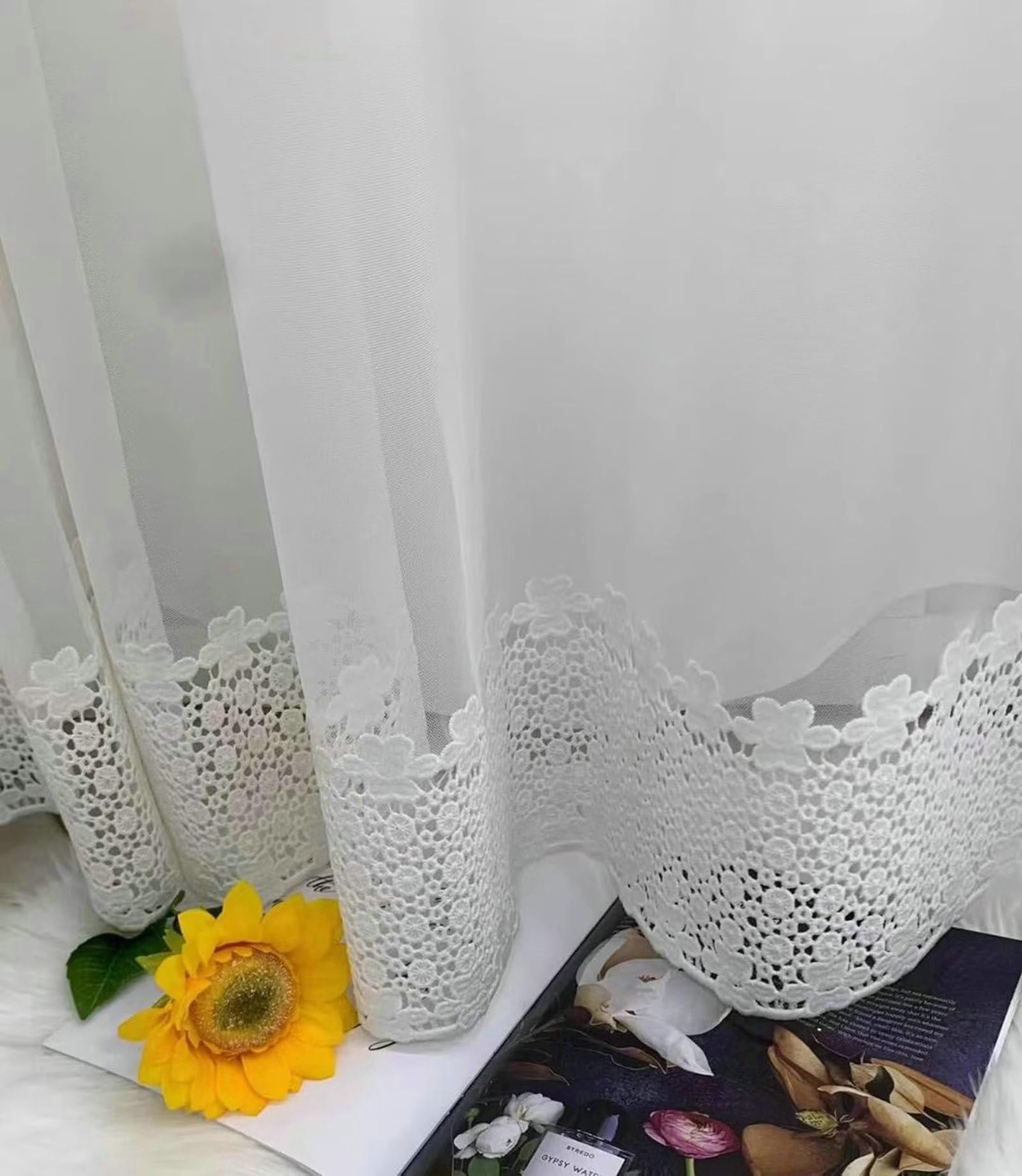 Vorhänge Weiß 2er Set Transparent, Vorhang 86x138 Spitze Blumen Stickerei Fenster Vorhänge Wohnzimmer