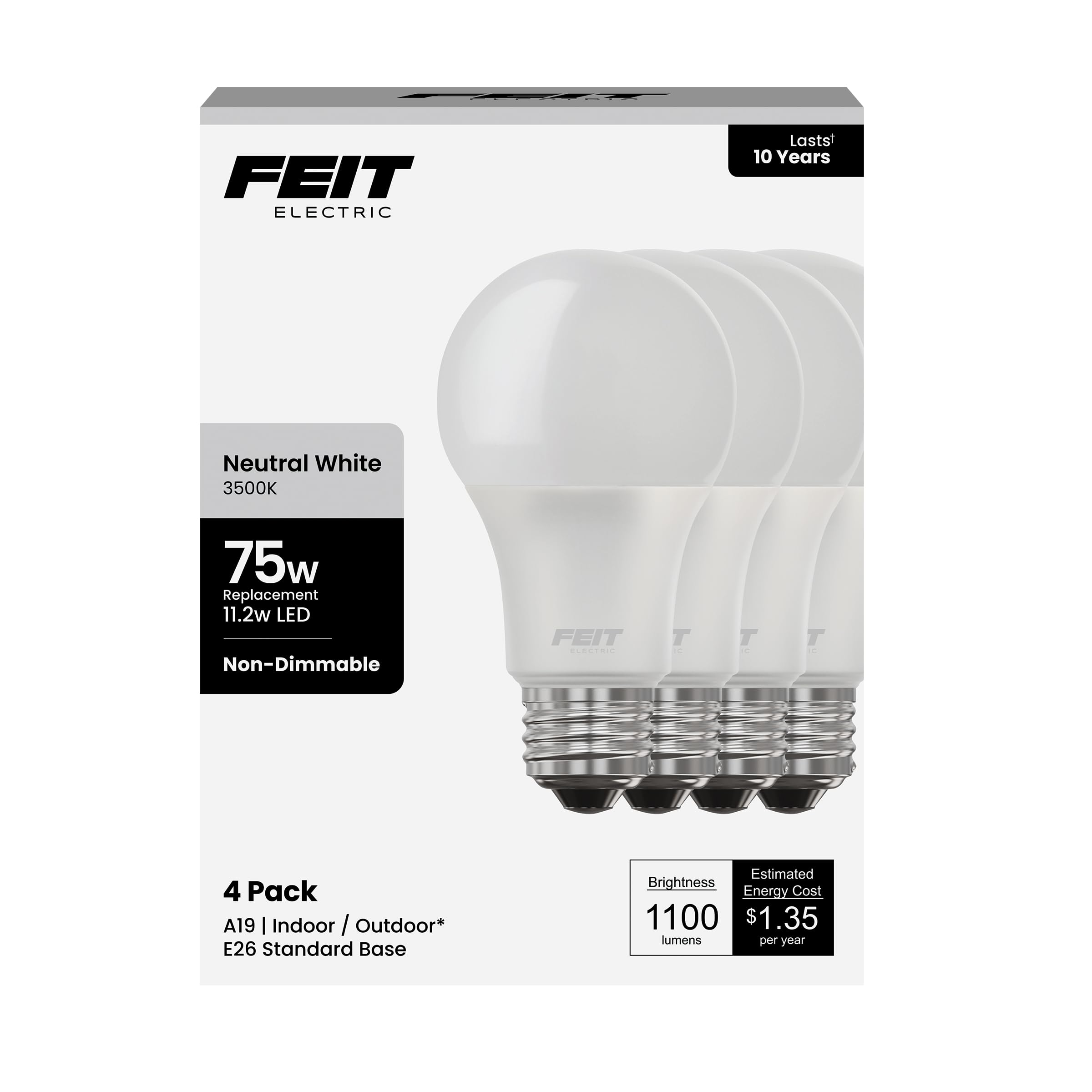 Feit Electric A19 LED Light Bulb 75W Equivalent 1100 Lumens 3500K Neutral White Non-Dimmable E26 Base Indoor Outdoor