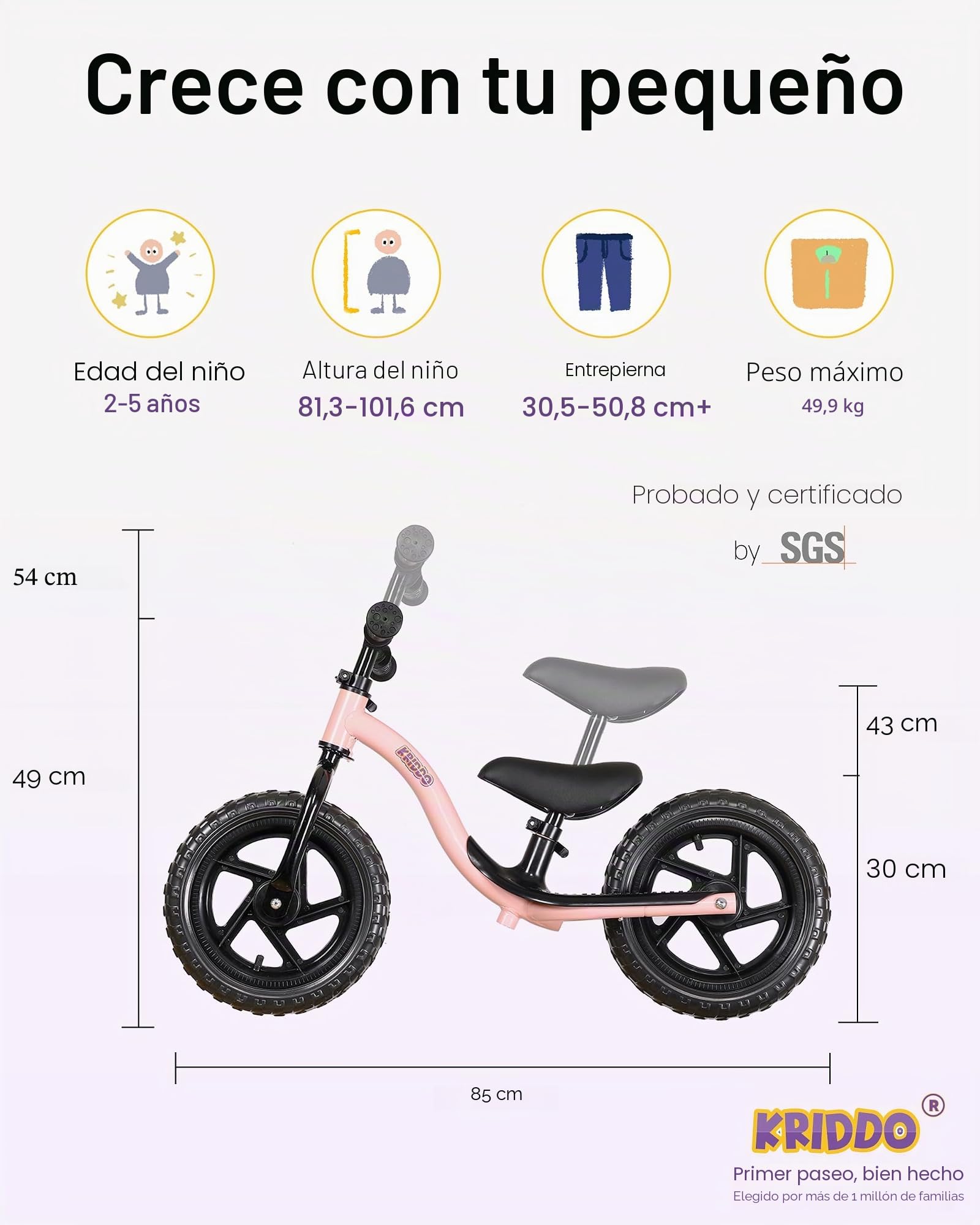 KRIDDO Bicicletas sin Pedales para Niños de 2 Años, Edades de 18 Meses a 4 Años, Bicicleta de Aprendizaje con Estabilidad y Reposapiés, Regalo para Niños de 2 a 5 Años | 2 años