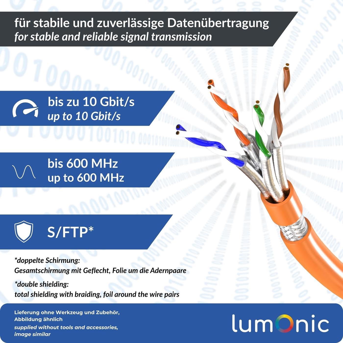 Lumonic CAT7 Cavo di rete S/FTP 20m | Cavo di Installazione AWG 23 | 100% Rame OFC | 10 Gbit/s | senza alogeni | 600 MHz | LAN Cavo, Ethernet Cavo
