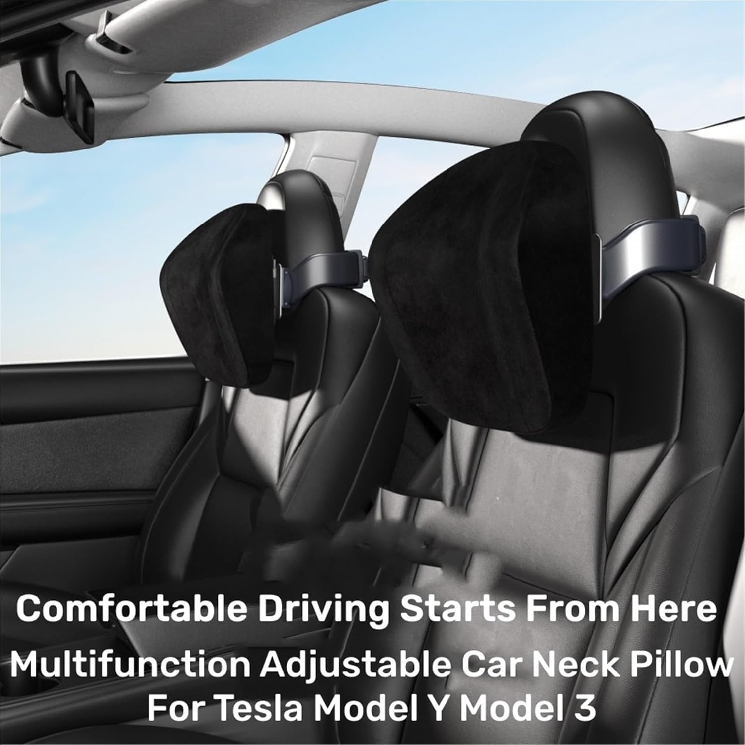 Compatible For Tesla Model Y Model 3 Multifunction Adjustable Car Neck Pillow Premium Vehicle Head Rest Support Headrest with Phone Holder(Black Suede)