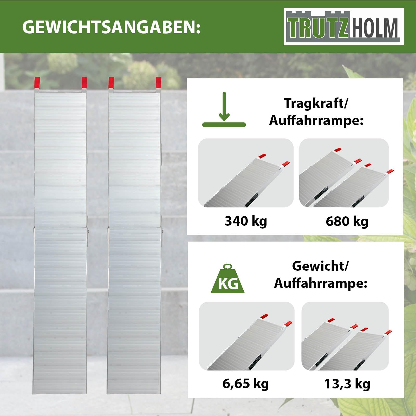 TRUTZHOLM 2x Auffahrrampe Alu klappbar 205 cm 340 kg Traglast je Rampe rutschfeste Lauffläche Breite 28 cm faltbare Motorradrampe extra leicht Verladerampe mit stabiler Konstruktion inkl. 2x Spanngurt