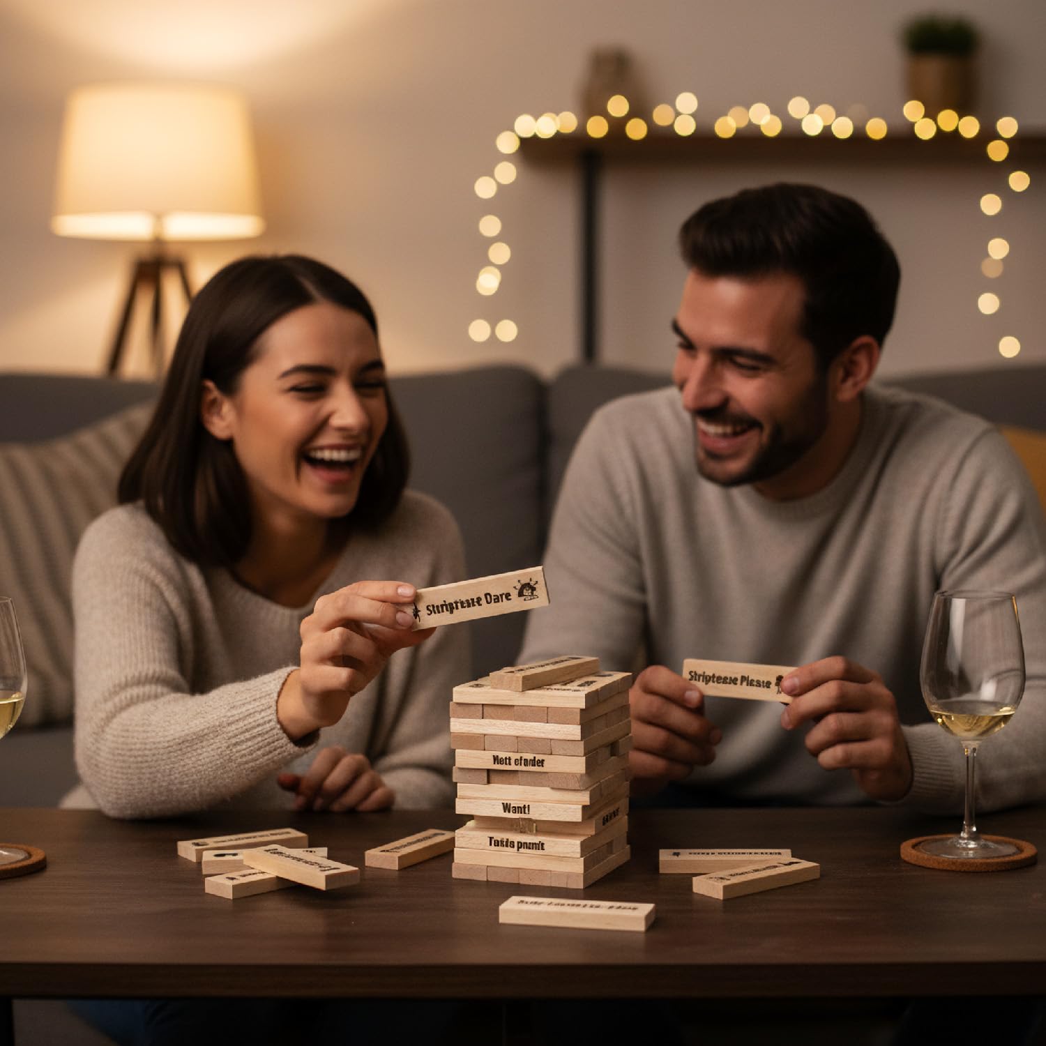 Gioco impilabile per coppie, appuntamento notturno, 48 pezzi, torre in legno, gioco romantico per adulti, divertente sfide intime, regalo per San Valentino, anniversario, serata accogliente