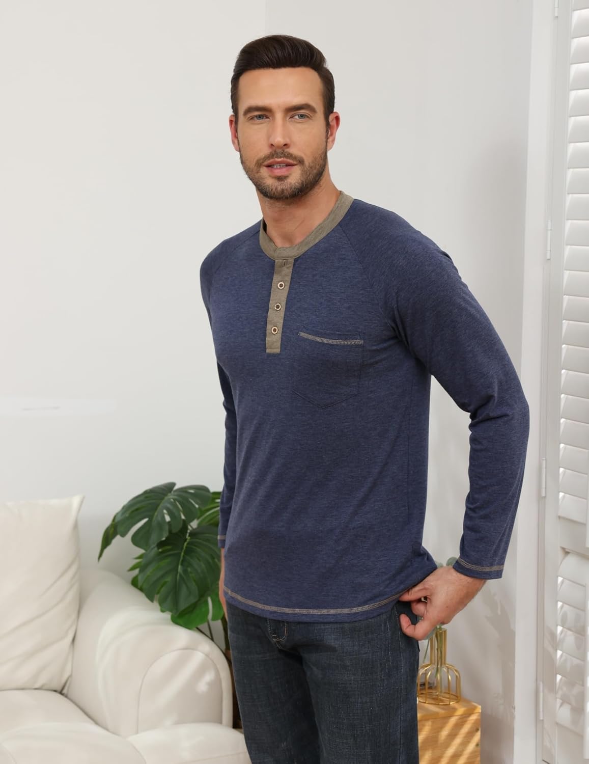 Mens Henley Shirts Long Sleeve Casual T-Shirts Basic Classic Vintage Cotton Tee Shirts Pocket Button Shirt - Image 3