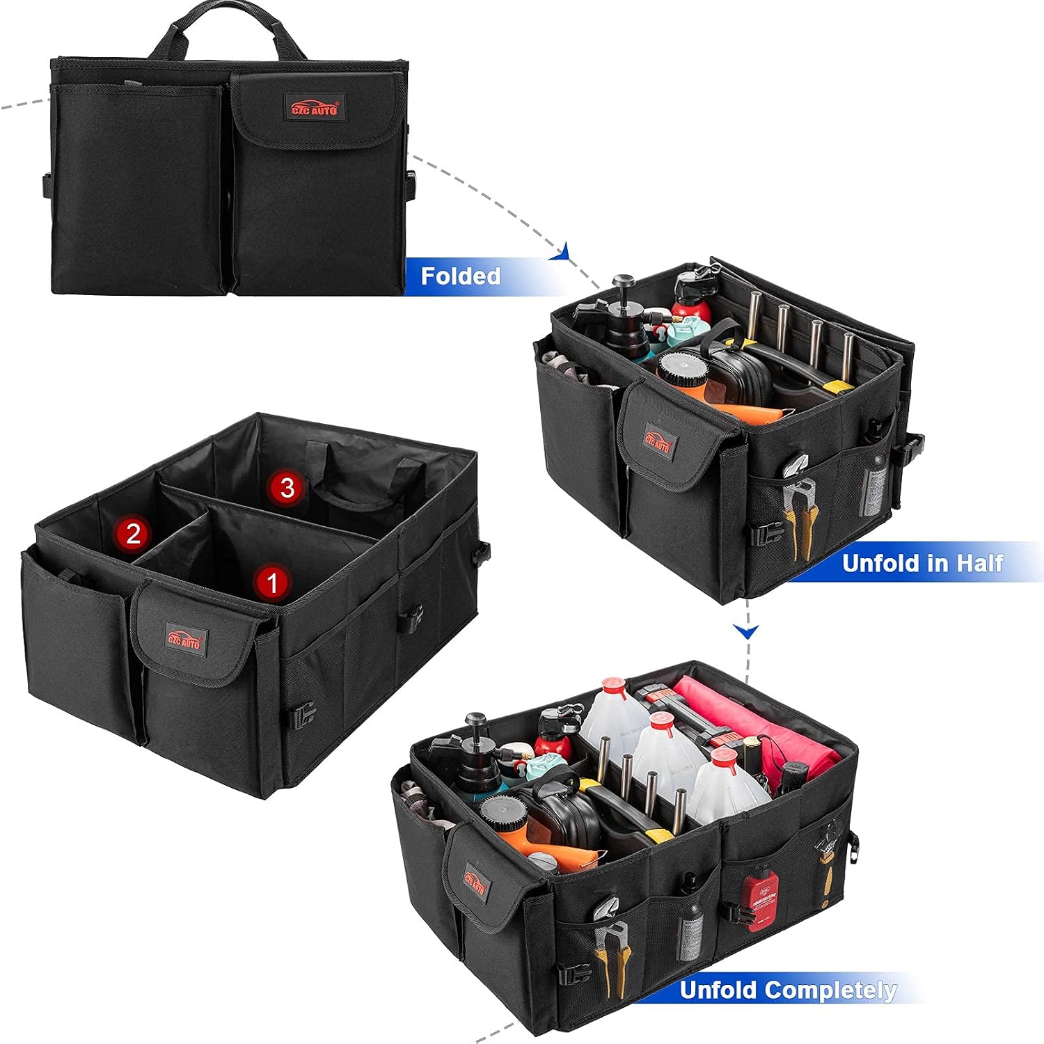 CZC AUTO Car Trunk Organizer Premium Collapsible/Foldable Cargo Trunk Storage Organizer with 3 Compartments, Large Capacity for Car SUV Truck