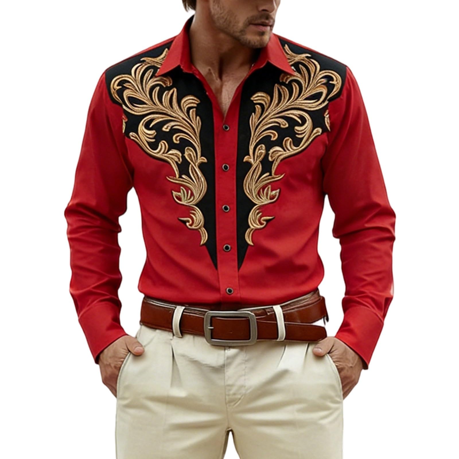 Long Sleeve Shirt with Print for Festive Western and Cowboy Outfits - Medieval Shirt with Buttons for Casual and Parties, red, S — image 1