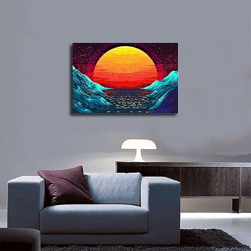 Miniatura 5 de Original Retro Wave at Sunset Painting Art on Canvas, Magical Sun Printing Canvas Sets, Pixeles Graphics Canvas Wall Art Print Poster For Home