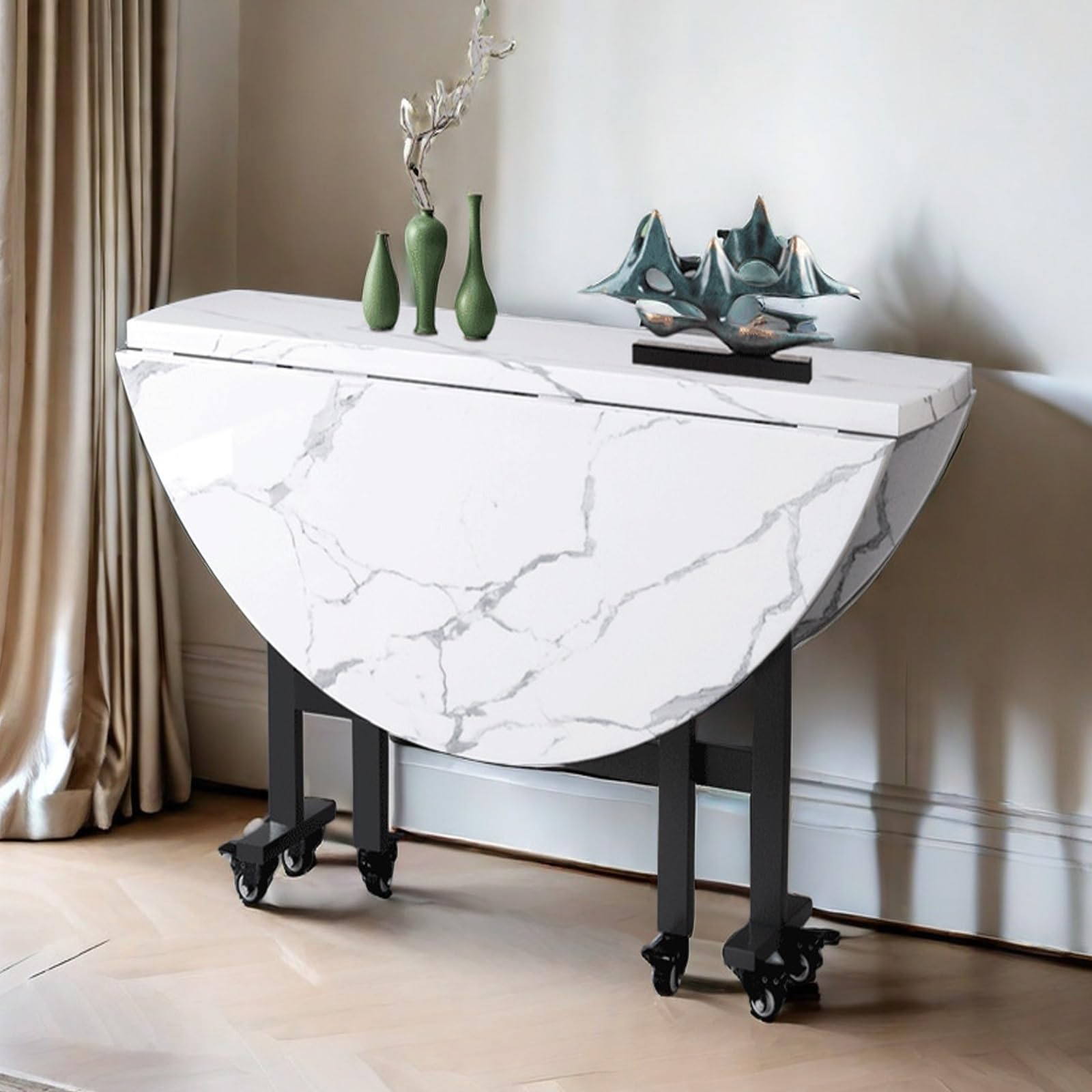 Moderno tavolo da pranzo rotondo, pieghevole, mobile da cucina, con rotelle universali, 4-8 posti, ideale per feste e riunioni in casa (120 x 23,2 x 75 cm)