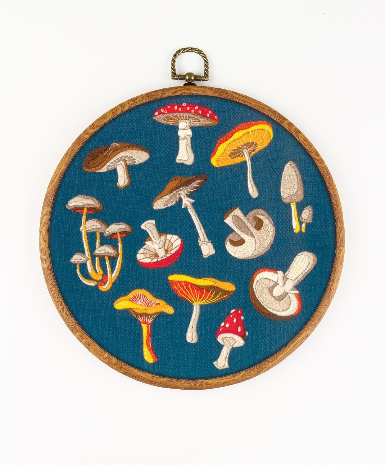 Autumn Mushrooms EM275 - DIY Embroidery Kit. Set of Threads, Needles, Stamped Cloth, Needle Threader, Embroidery Clippers and Printed Color Pattern Inside.