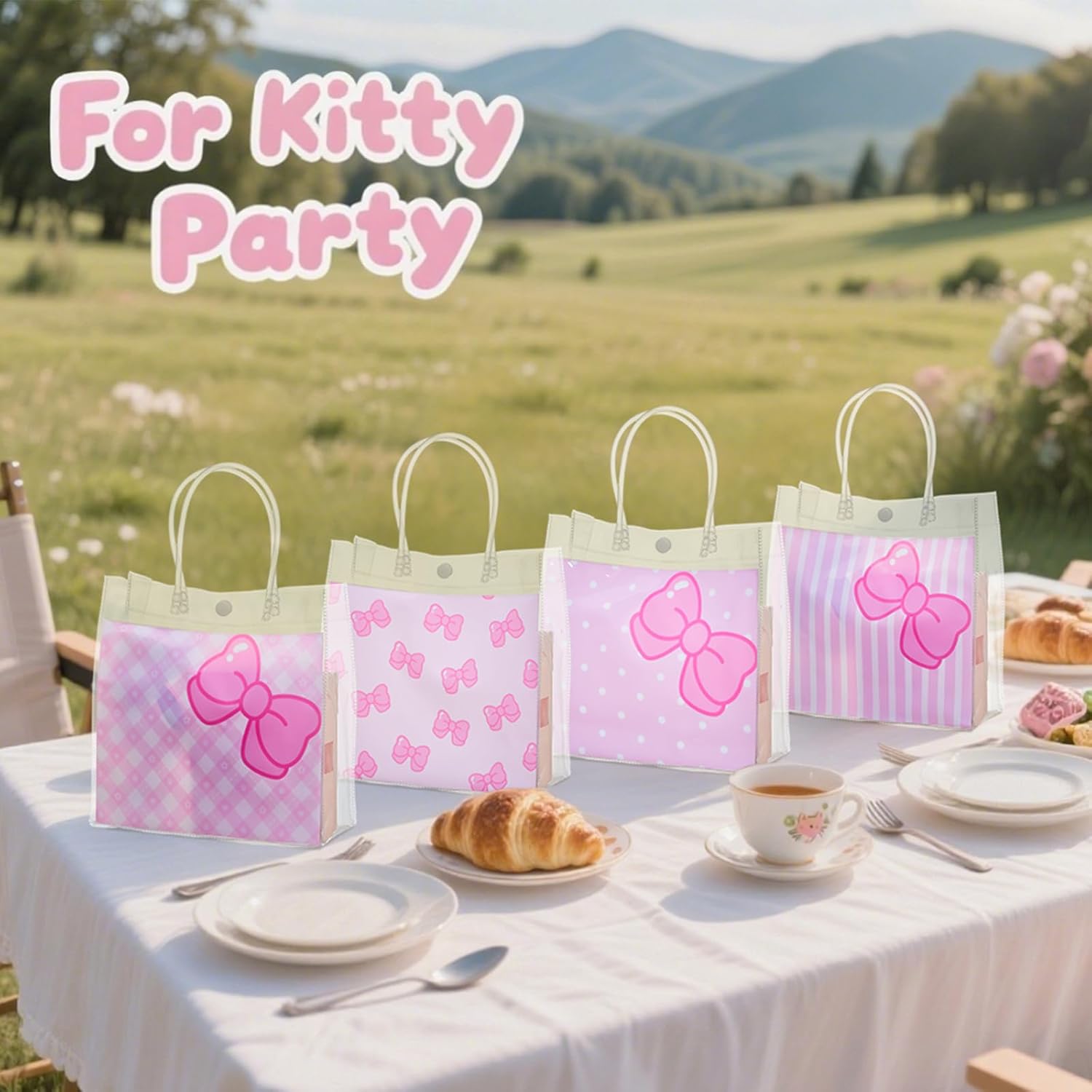 SmoothNovelty 24 Pcs Pink Cat Party Favor Bag Pink Bow Kitty Clear PVC Gift Bags with Handle Cute Kitten Cartoon Reusable Treat Tote for Women Kitty Party Wedding Birthday Baby Shower Supplies