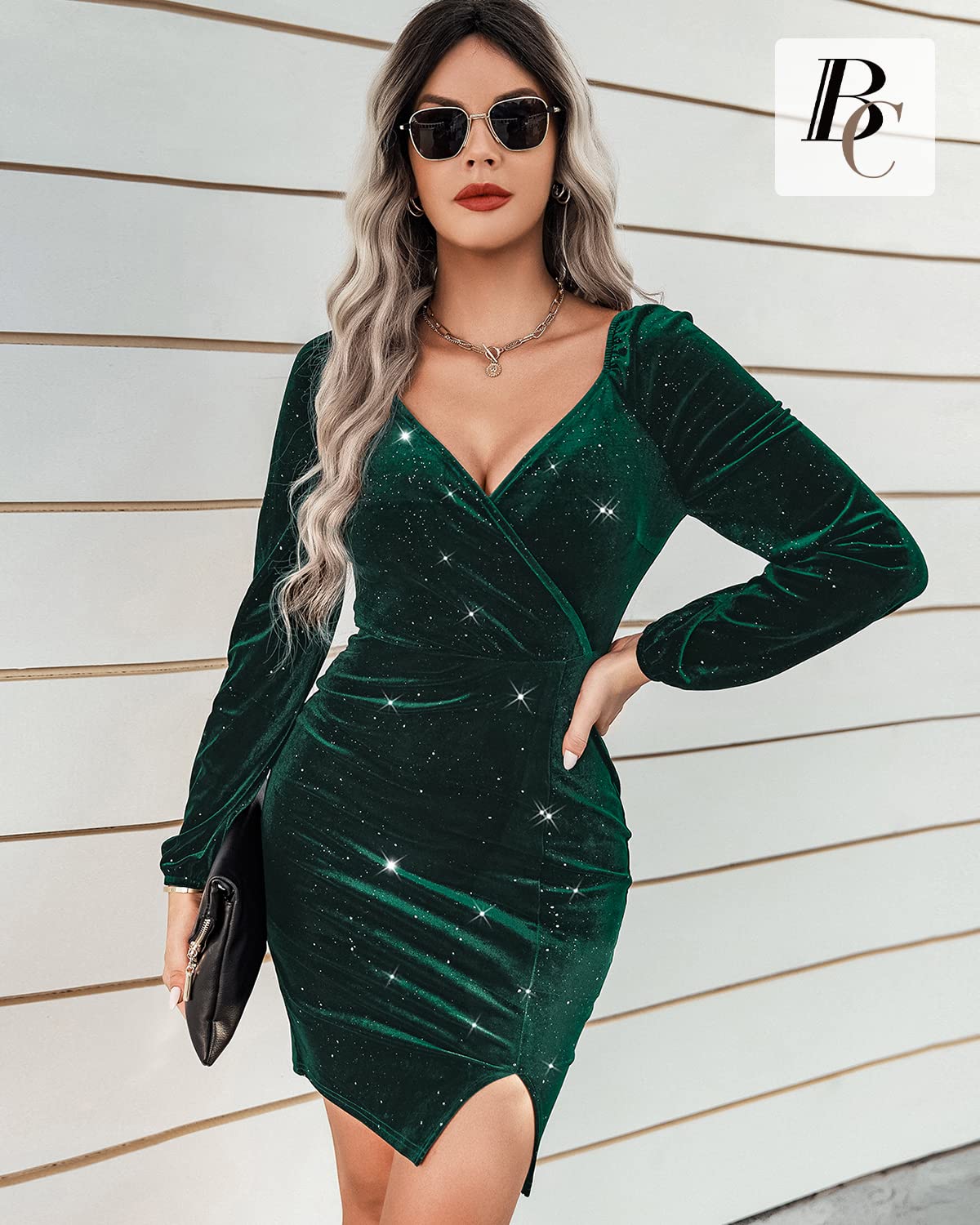 BebreezChic Vestido Terciopelo Mujer Corto Lentejuelas Cuello V Manga Larga Fruncido Delgado Ajustado Abertura Vestidos Elegante Casual de Cóctel Fiesta Navidad