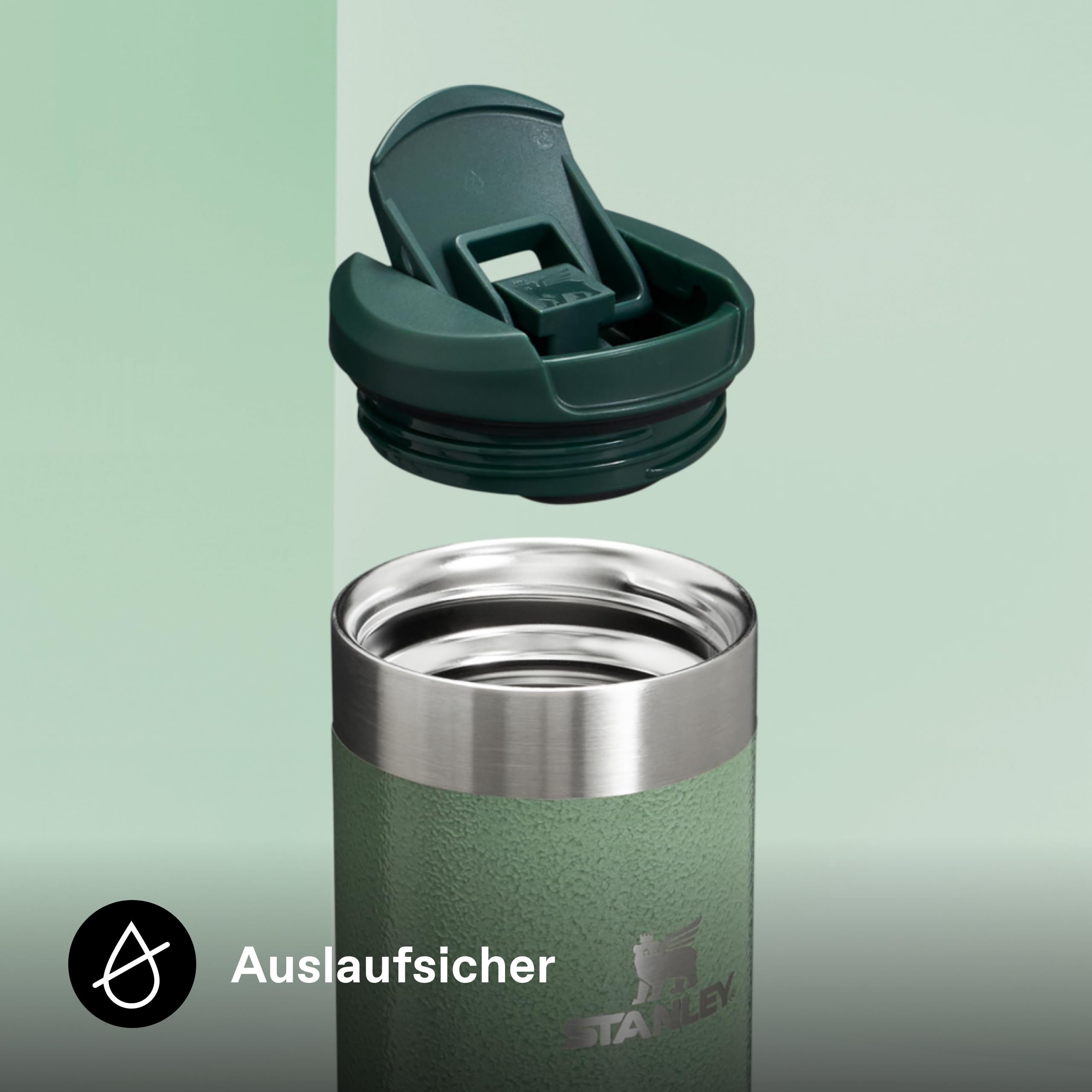 STANLEY 1913 Transit Flip Top Mug 0.47L - Hammertone Green | Hält 5 Std. heiß - 8 Std. kalt - Auslaufsicher - Spülmaschinenfest - Becherhalter kompatibel