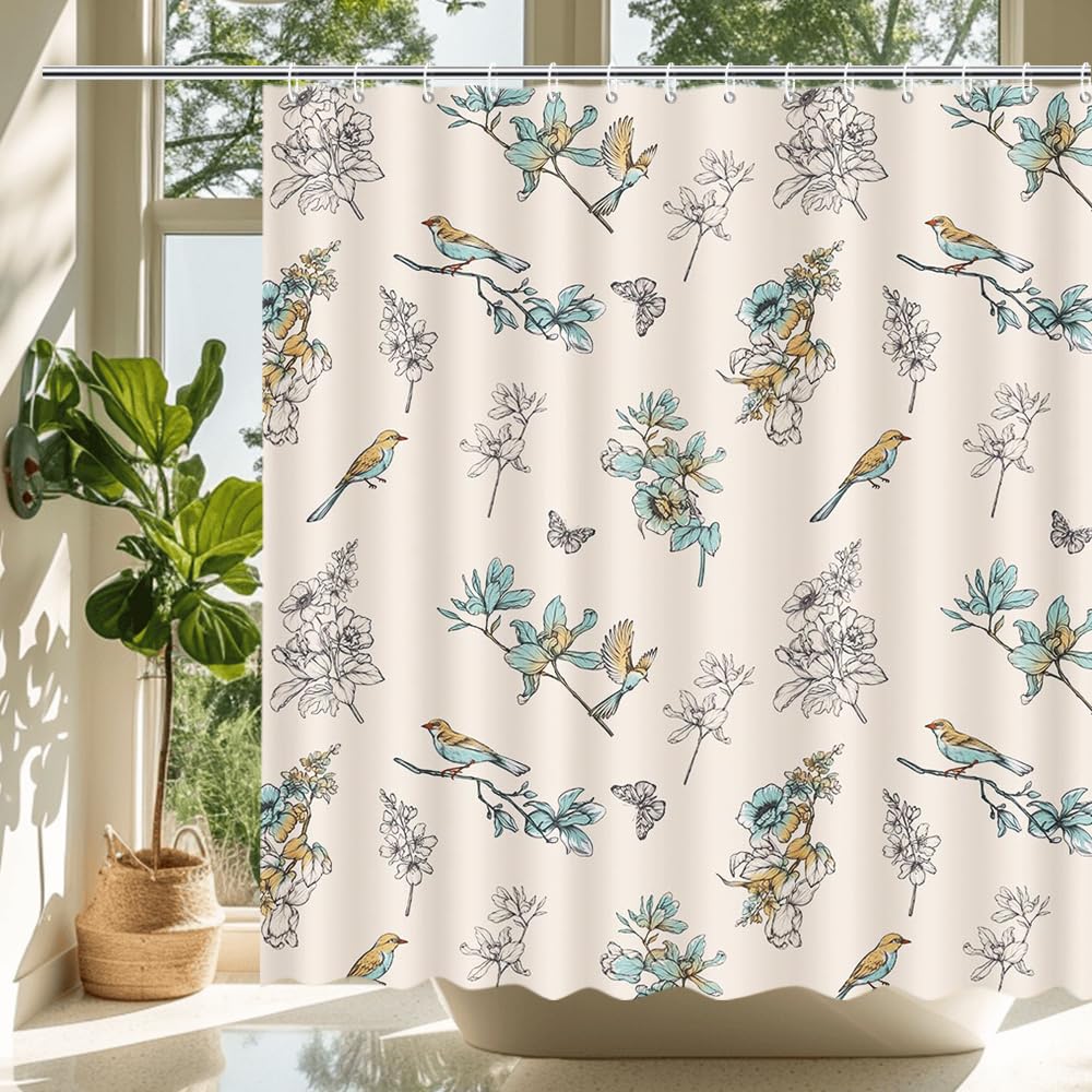 MEHOFOND Bird Shower Curtain Floral Bird Shower Curtain for Bathroom Spring Shower Curtain Boho Farmhouse Bathtub Decor Fabric Waterproof Bath Curtain