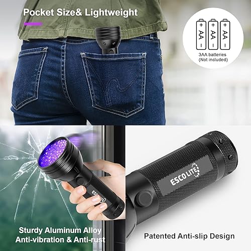 Miniatura 7 de Escolite - Linterna UV de luz negra, 51 LED de luz negra, detector de orina de mascotas para orina de perro y gato, luz azul para escorpiones,