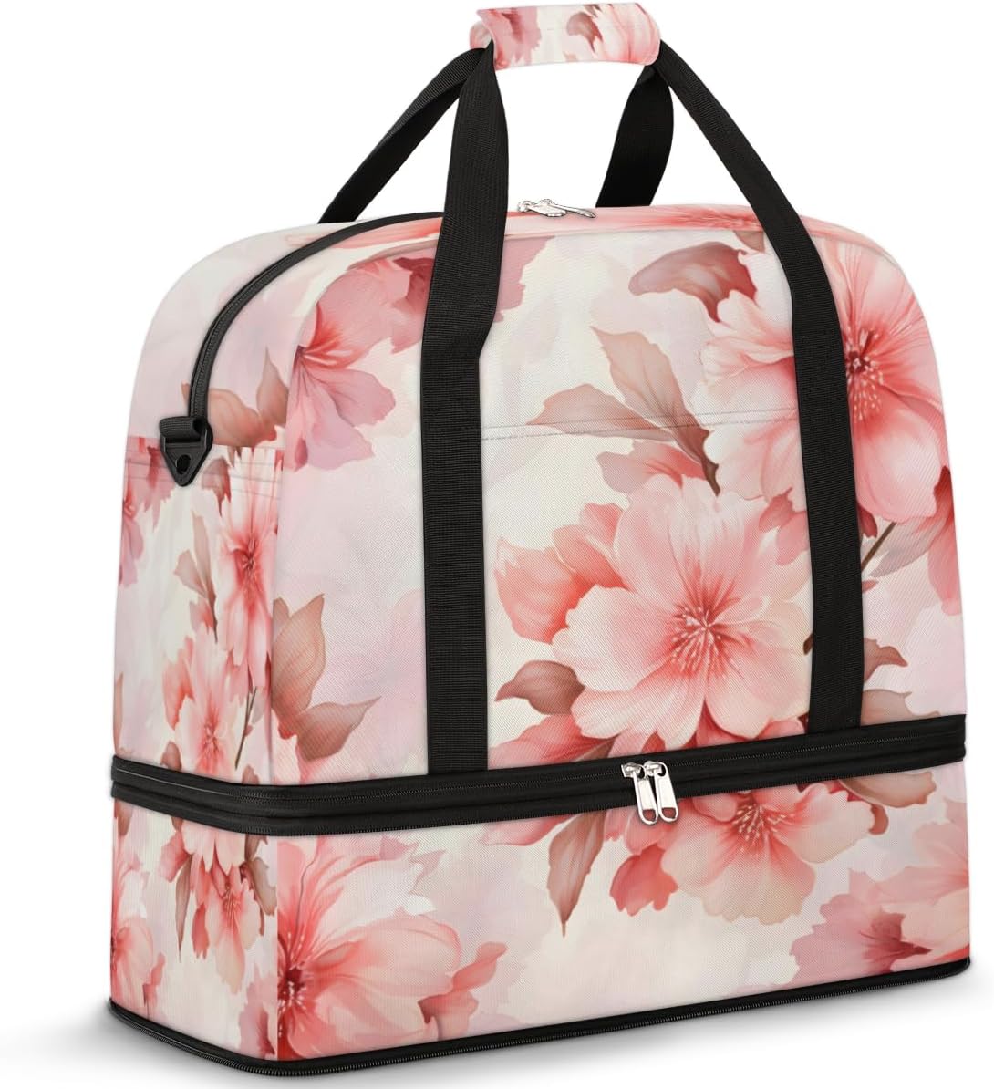 QsirBC Cherry Blossom Floral Style Gym Bag for Women Duffle Tote with Shoes Compartment Men Weekender Duffel for Dance Travel Sports Swimming Overnight