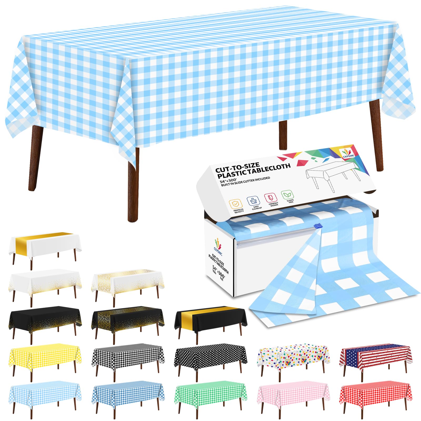 CXPSINC 54 Inch X 300 Feet Plastic Table Cover Roll Disposable Tablecloth with Slide Cutter for All Type/Shape Tables | Party, Banquet, Birthdays, Weddings(Light Blue Checkered, 300 Feet) — image 1