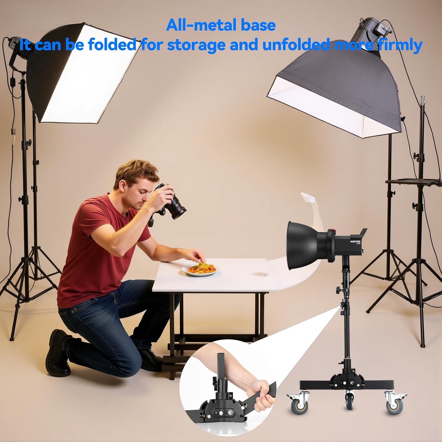 AMBITFUL Heavy Duty Light Stand with Casters, 21-31.9" Photography Tripod Stand with Adjustable Height -Foldable Design & 3 Locking Casters for Studio/Low-Angle Shooting, Softboxes & Studio Lights