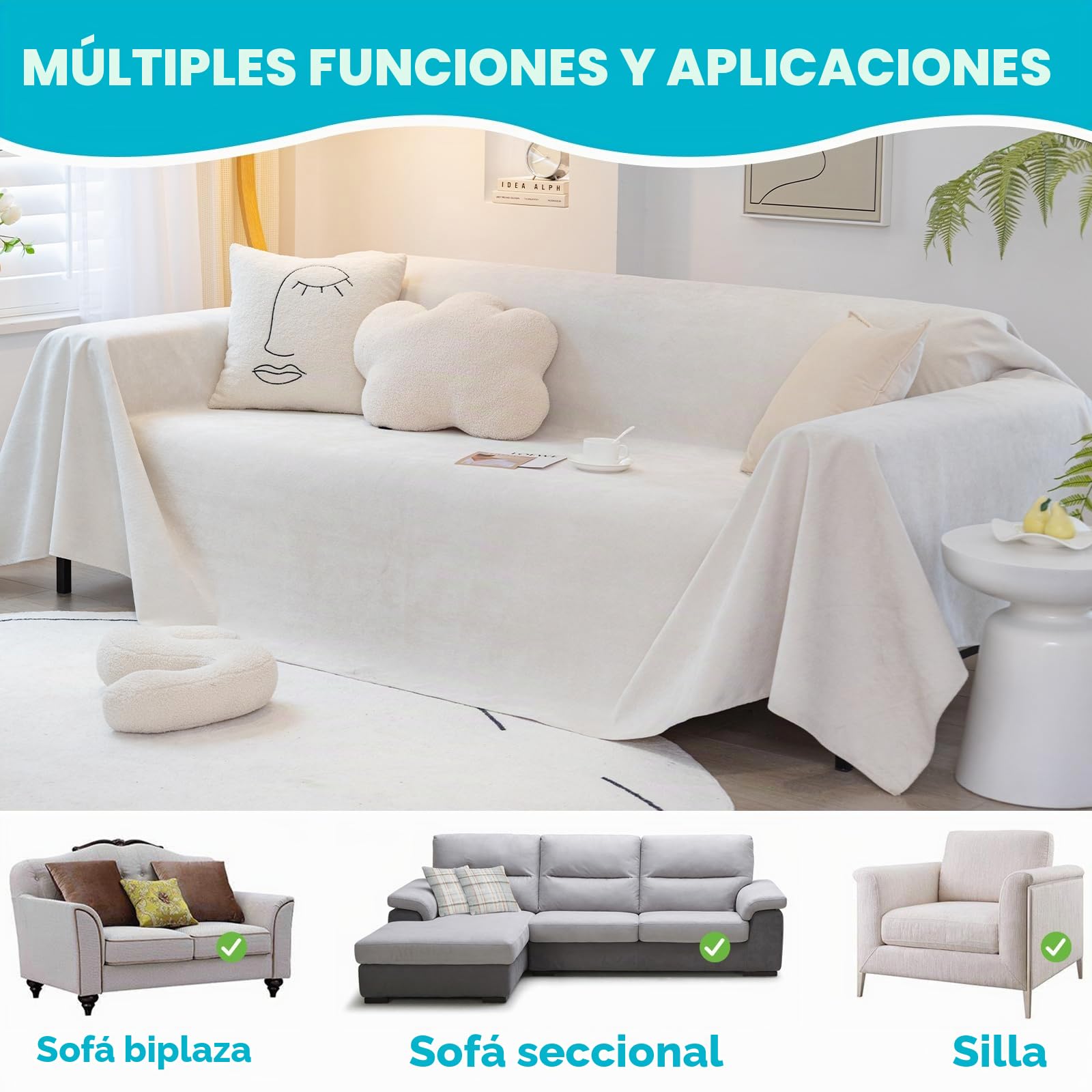 SHANNA Juego De Fundas De Sofá Y Manta Chenilla: Texturizado, Suave, Antideslizante, Impermeable, Protector para Sofás De 1-2 Plazas (Marfil, 180×260cm)
