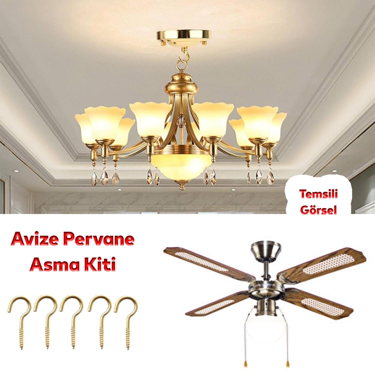 Badem10 Metal Piton Vidalı Gerdirme 22x130 Çekme Kaldırma Tavan Açık Ağız Kancalı Avize Asma Kiti 5 Adet