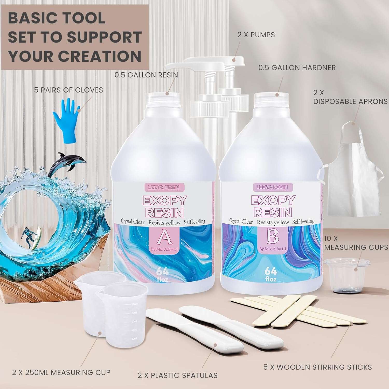 LEEYA Epoxy Resin Crystal Clear Epoxy Resin Kit 1 Gallon, No Yellowing No Bubble Self Leveling Resin Epoxica Easy Mix 1:1, Table Top Epoxy Resin, Coating Casting, Painting, Art Crafts, Jewelry Making