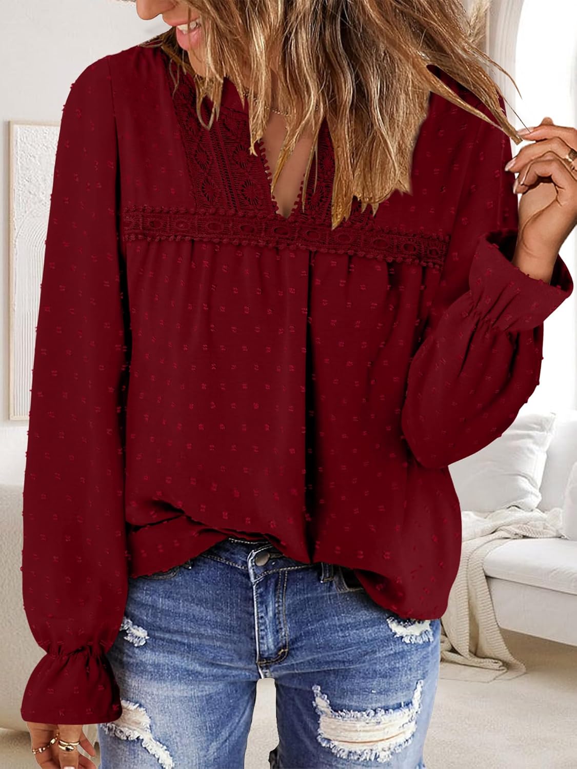 BETTE BOUTIK Womens Boho Fall Fashion Tops Long Sleeve Casual Shirts Flowy Swiss Dot Blouses - Image 4