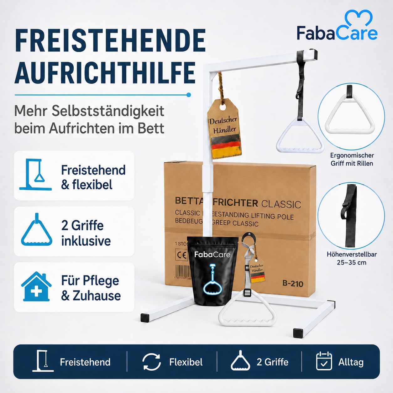 FabaCare Bettgalgen freistehend bis 130 kg Körpergewicht Zwei Griffen, Zusatzgriff | mobiler Galgen für normales Bett | Aufrichthilfe, Bettgriff, Bettaufrichter mit Trapezgriff