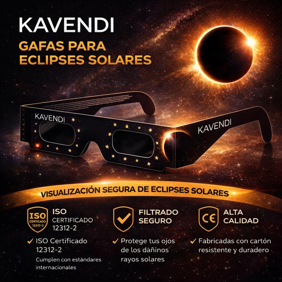Kavendi Gafas Eclipse Solar Certificadas ISO 12312-2 CE Pack 3 Unidades, Gafas Protección Observación Segura del Sol, Filtro Profesional Astronómico para Adultos y Niños Eclipse 2026 - 3