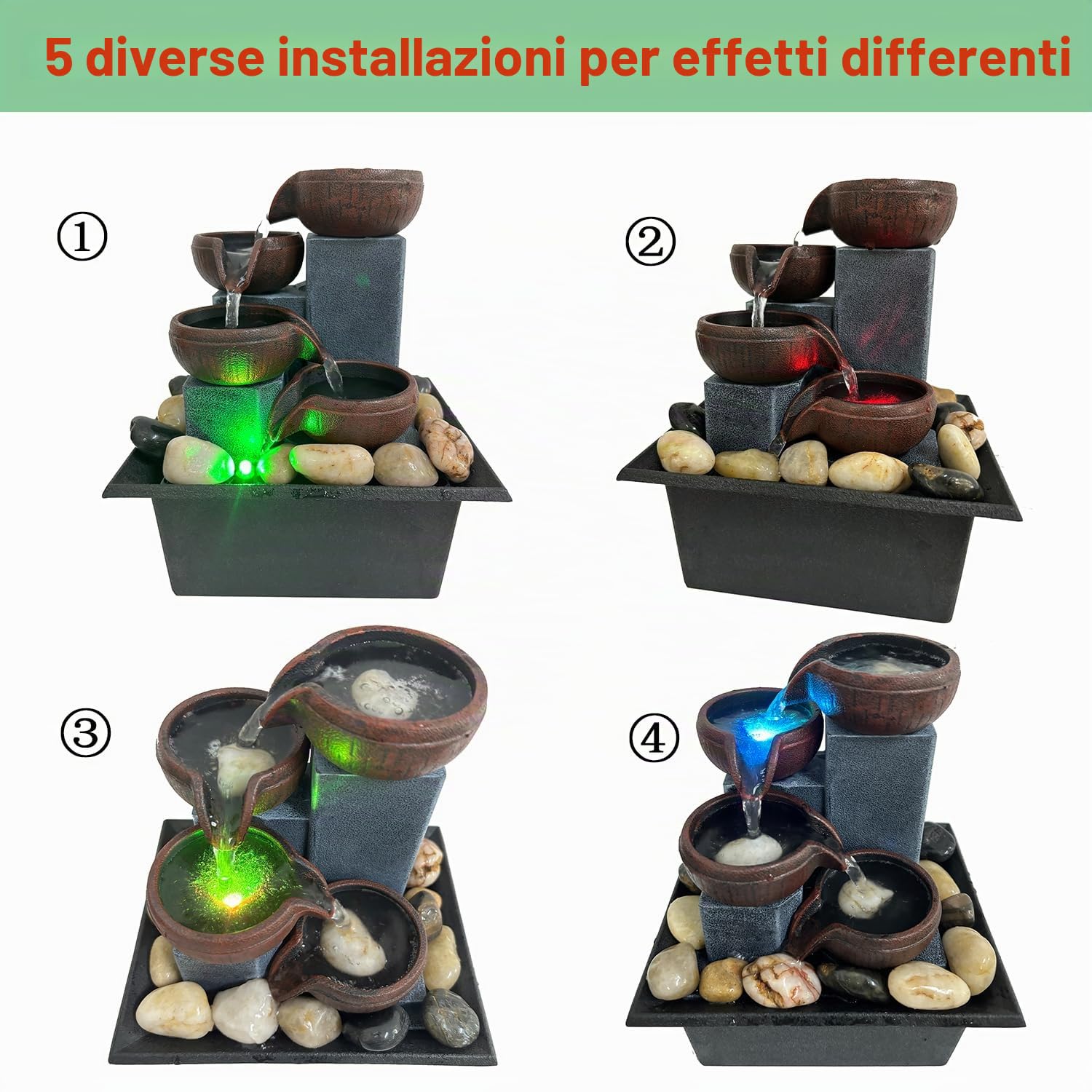 Fontana da tavolo zen a cascata per meditazione, fontana da scrivania con luce a LED e rocce naturali per ufficio, casa, camera da letto