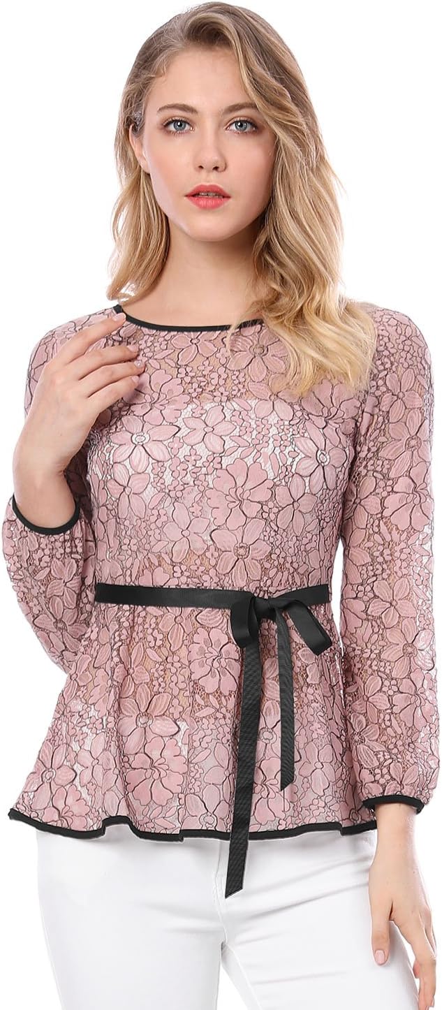 Allegra K Women's Elegant Tie Waist Long Sleeve Top Lace Peplum Blouses